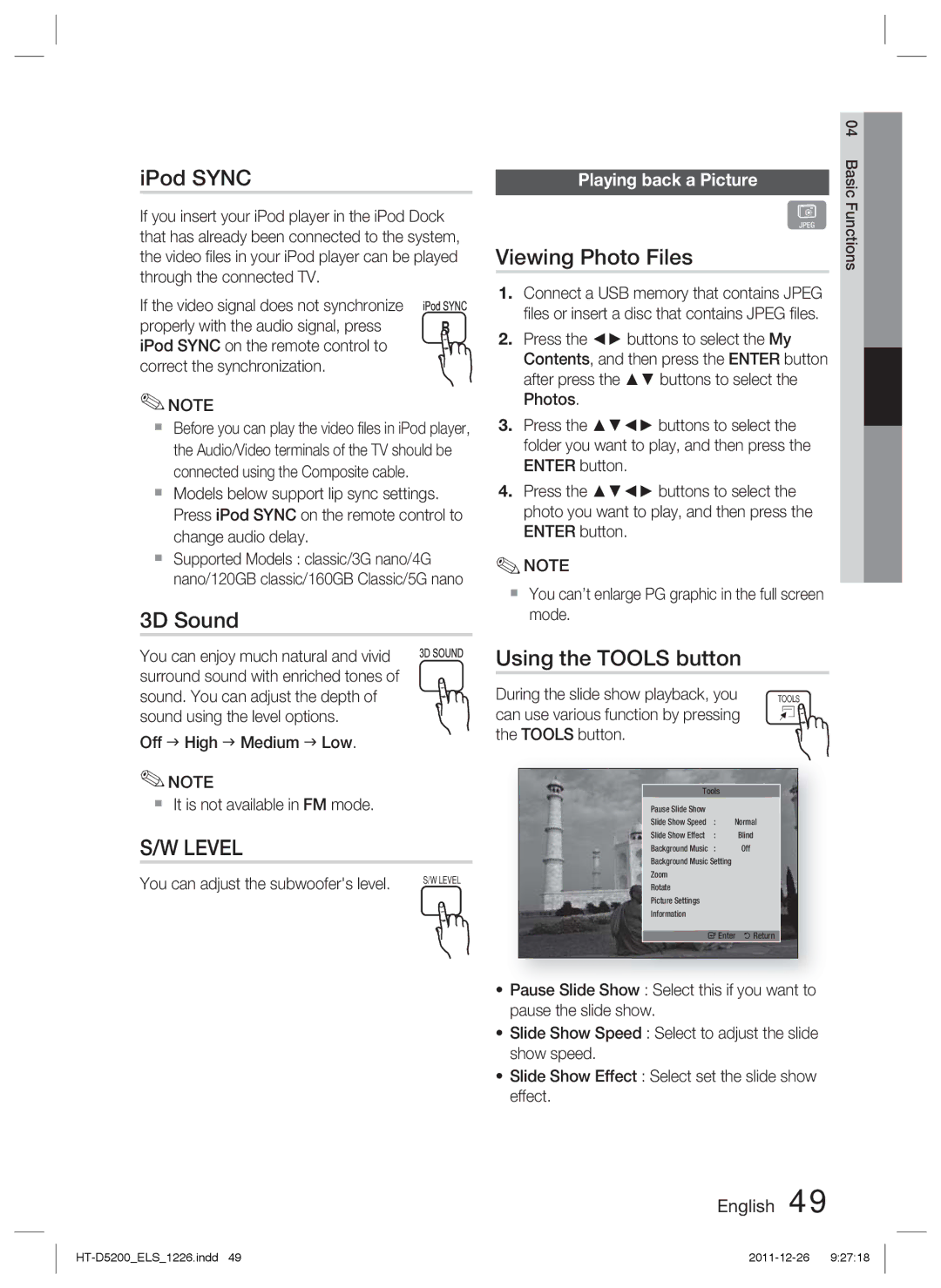 Samsung HT-D5200/EN, HT-D5200/XN IPod Sync, 3D Sound, Viewing Photo Files, Using the Tools button, Playing back a Picture 