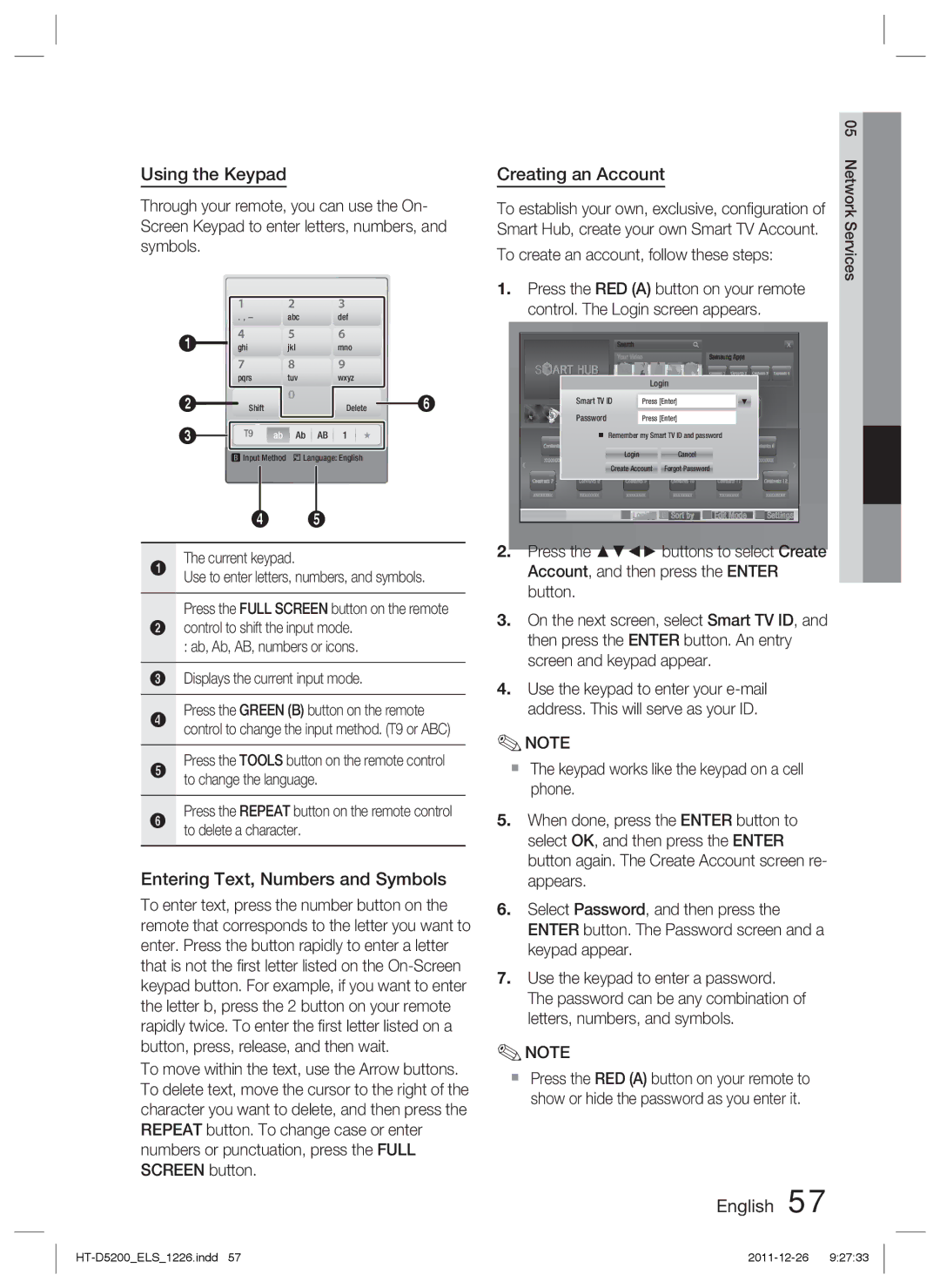 Samsung HT-D5200/EN, HT-D5200/XN Using the Keypad, Entering Text, Numbers and Symbols, Creating an Account, Current keypad 