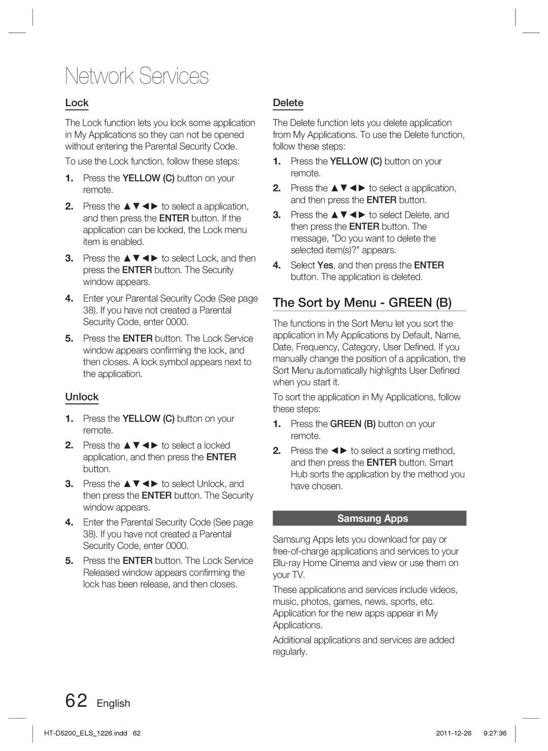 Samsung HT-D5200/ZF, HT-D5200/XN, HT-D5200/EN, HT-D5200/XE manual Sort by Menu Green B, Lock, Unlock, Delete, Samsung Apps 