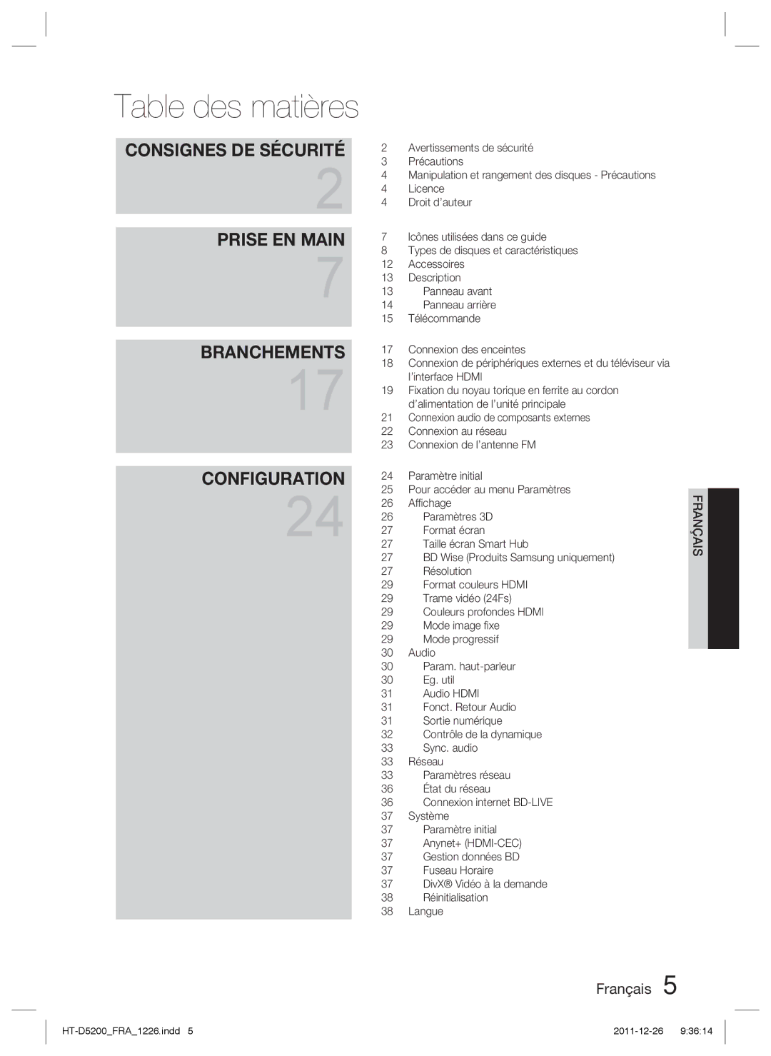 Samsung HT-D5200/XE, HT-D5200/XN, HT-D5200/EN, HT-D5200/ZF manual Table des matières 