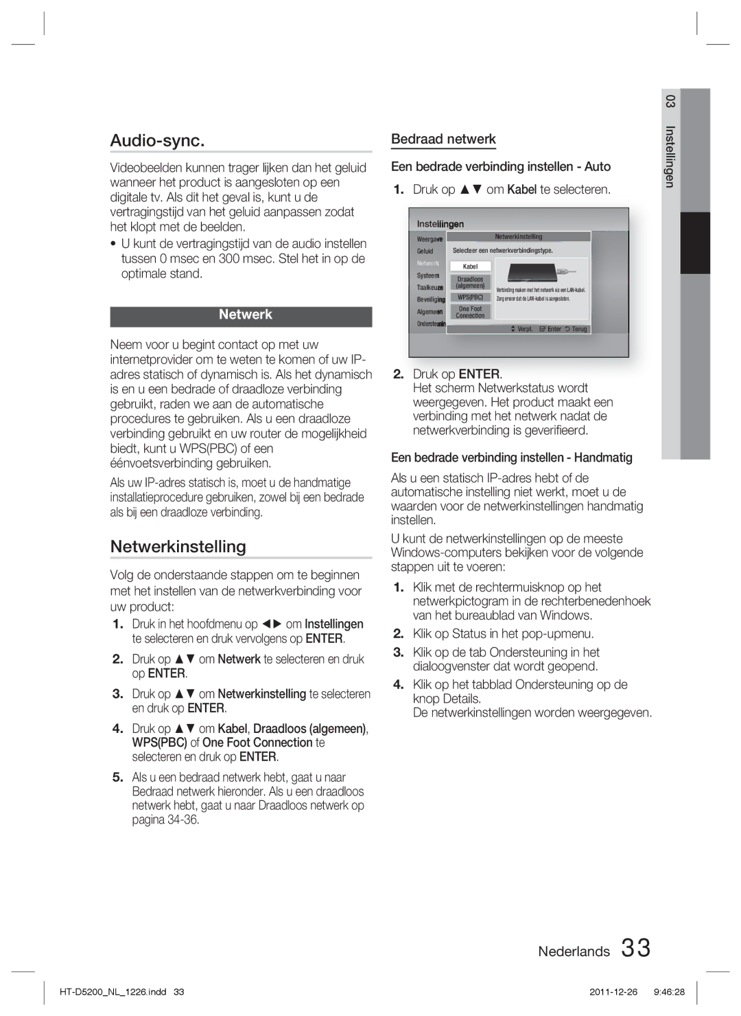 Samsung HT-D5200/EN, HT-D5200/XN, HT-D5200/ZF manual Audio-sync, Netwerkinstelling, Bedraad netwerk 