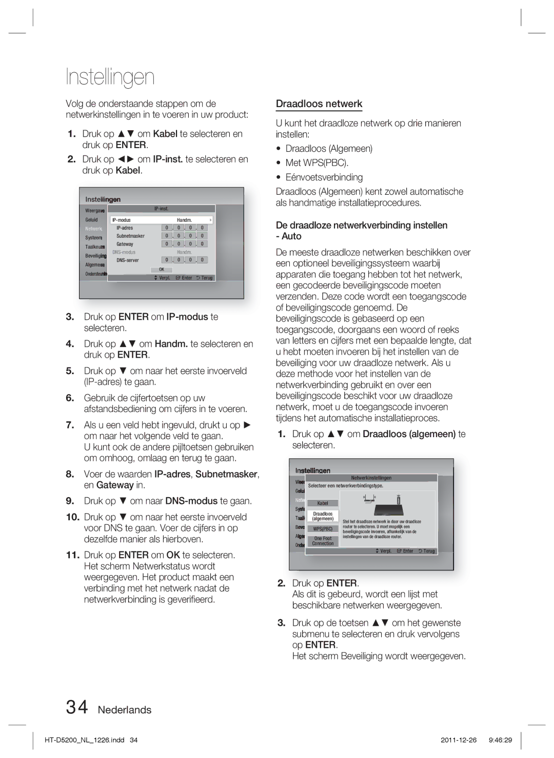 Samsung HT-D5200/ZF, HT-D5200/XN, HT-D5200/EN manual Draadloos netwerk, Kabel Systeem Draadloos Taalkeuzealgemeen 