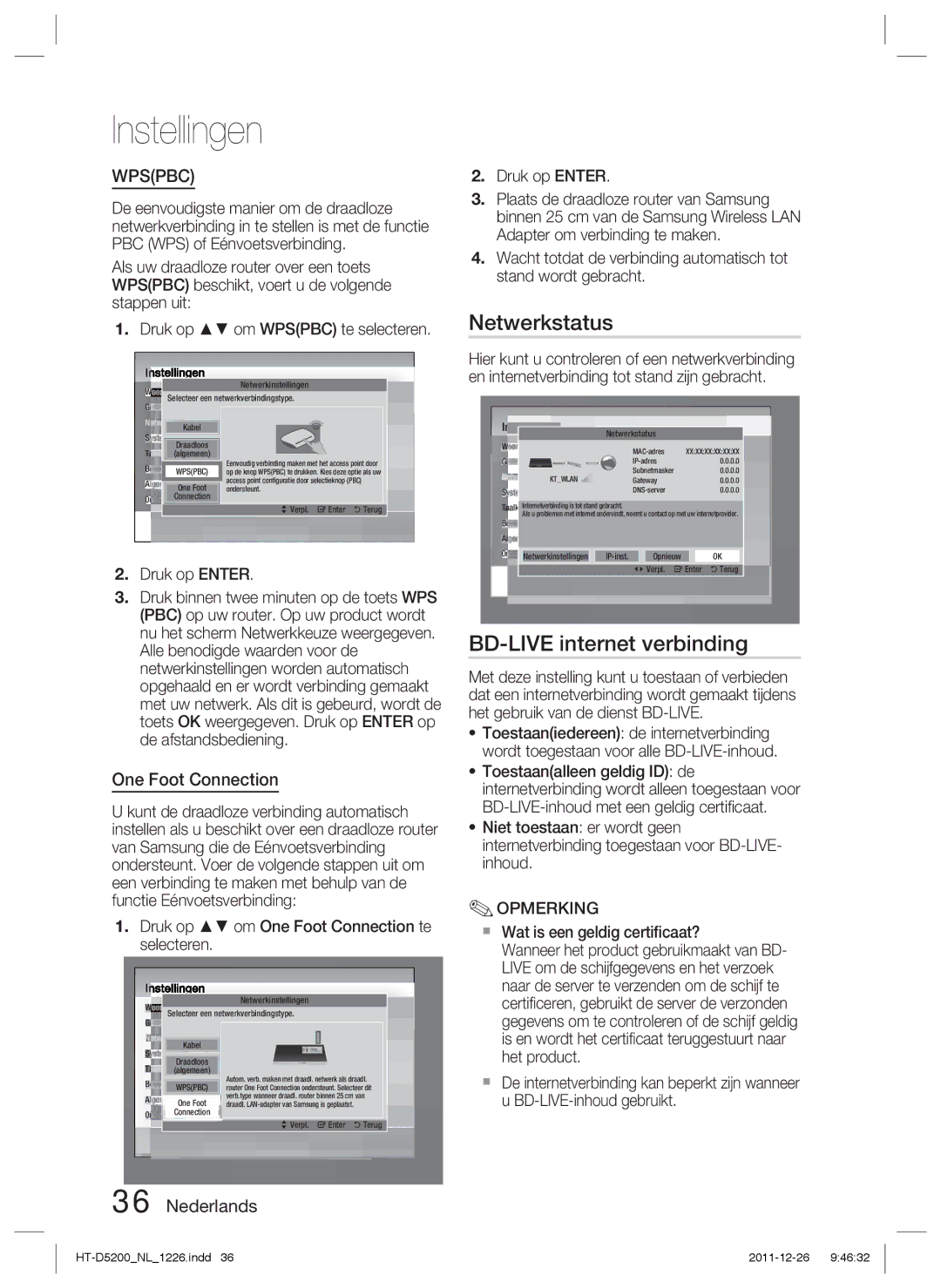 Samsung HT-D5200/EN, HT-D5200/XN Netwerkstatus, BD-LIVE internet verbinding, Druk op om One Foot Connection te selecteren 