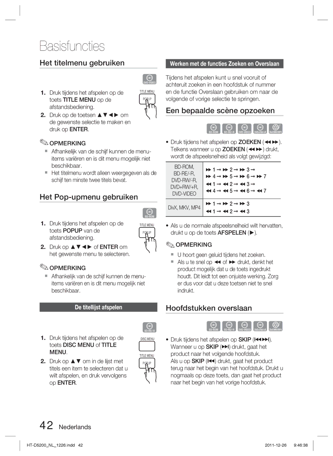 Samsung HT-D5200/EN Het titelmenu gebruiken, Het Pop-upmenu gebruiken, Een bepaalde scène opzoeken, Hoofdstukken overslaan 