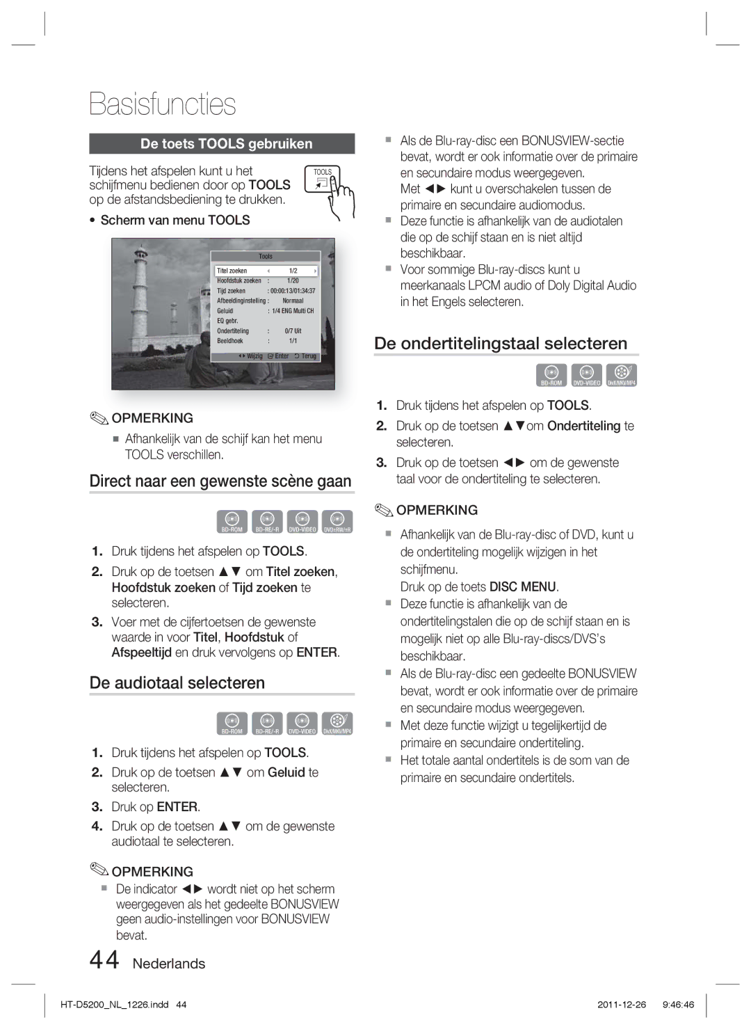 Samsung HT-D5200/XN, HT-D5200/EN manual De audiotaal selecteren, De ondertitelingstaal selecteren, De toets Tools gebruiken 