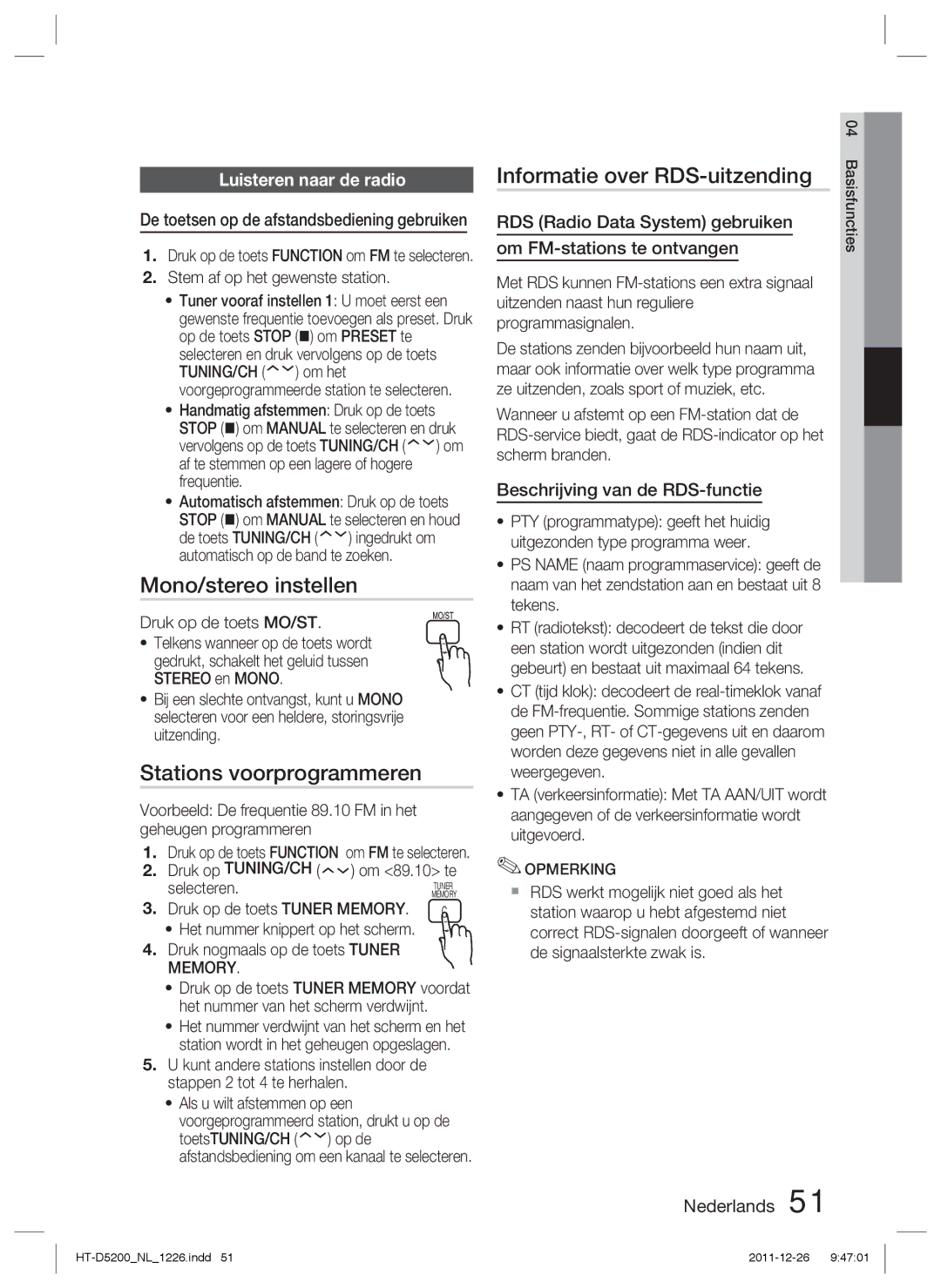 Samsung HT-D5200/EN, HT-D5200/XN manual Mono/stereo instellen, Stations voorprogrammeren, Informatie over RDS-uitzending 