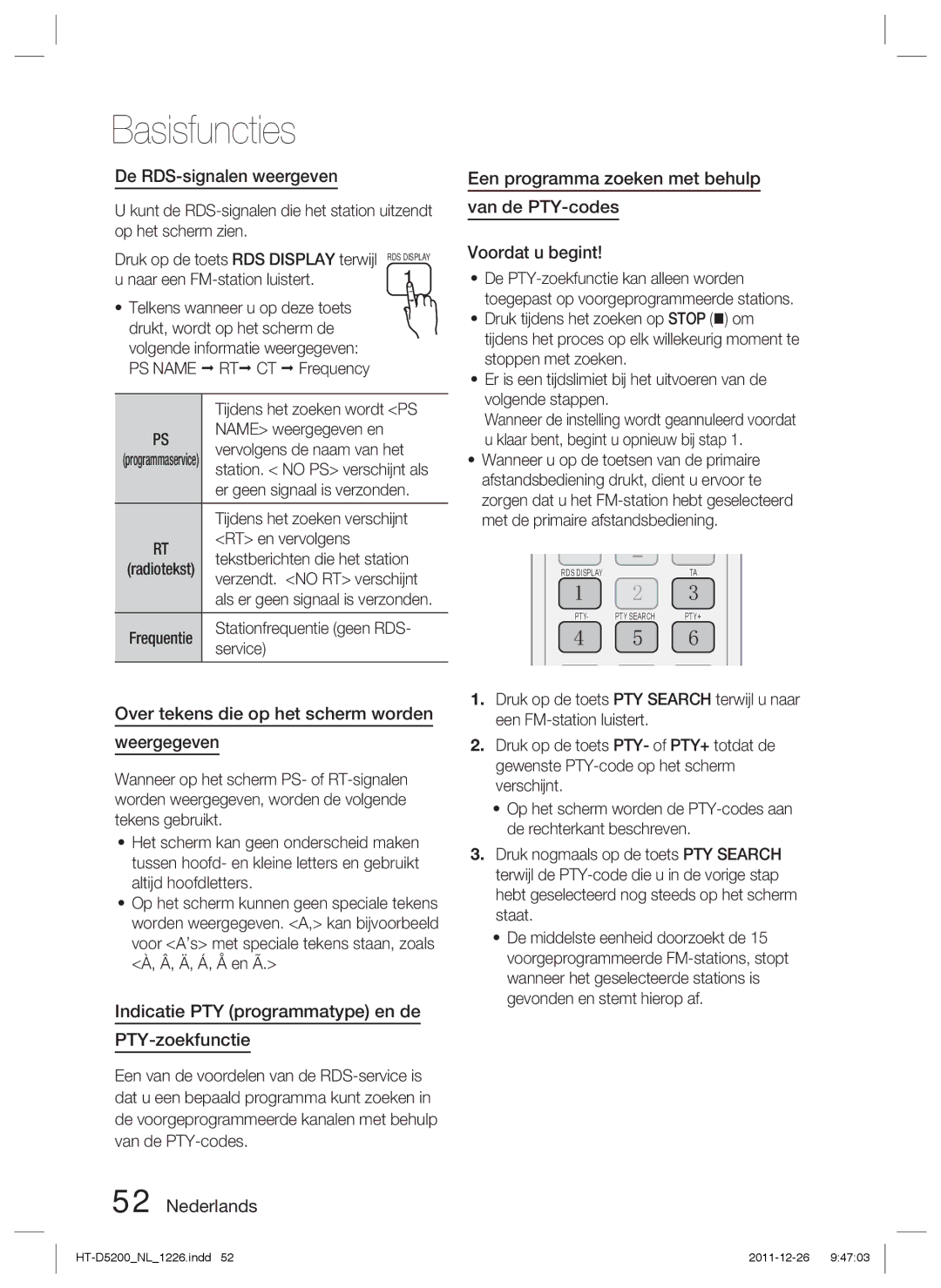 Samsung HT-D5200/ZF, HT-D5200/XN, HT-D5200/EN De RDS-signalen weergeven, Over tekens die op het scherm worden Weergegeven 