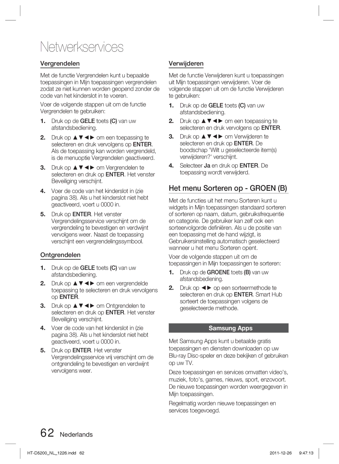 Samsung HT-D5200/XN manual Het menu Sorteren op Groen B, Vergrendelen, Ontgrendelen, Nederlands Verwijderen, Samsung Apps 