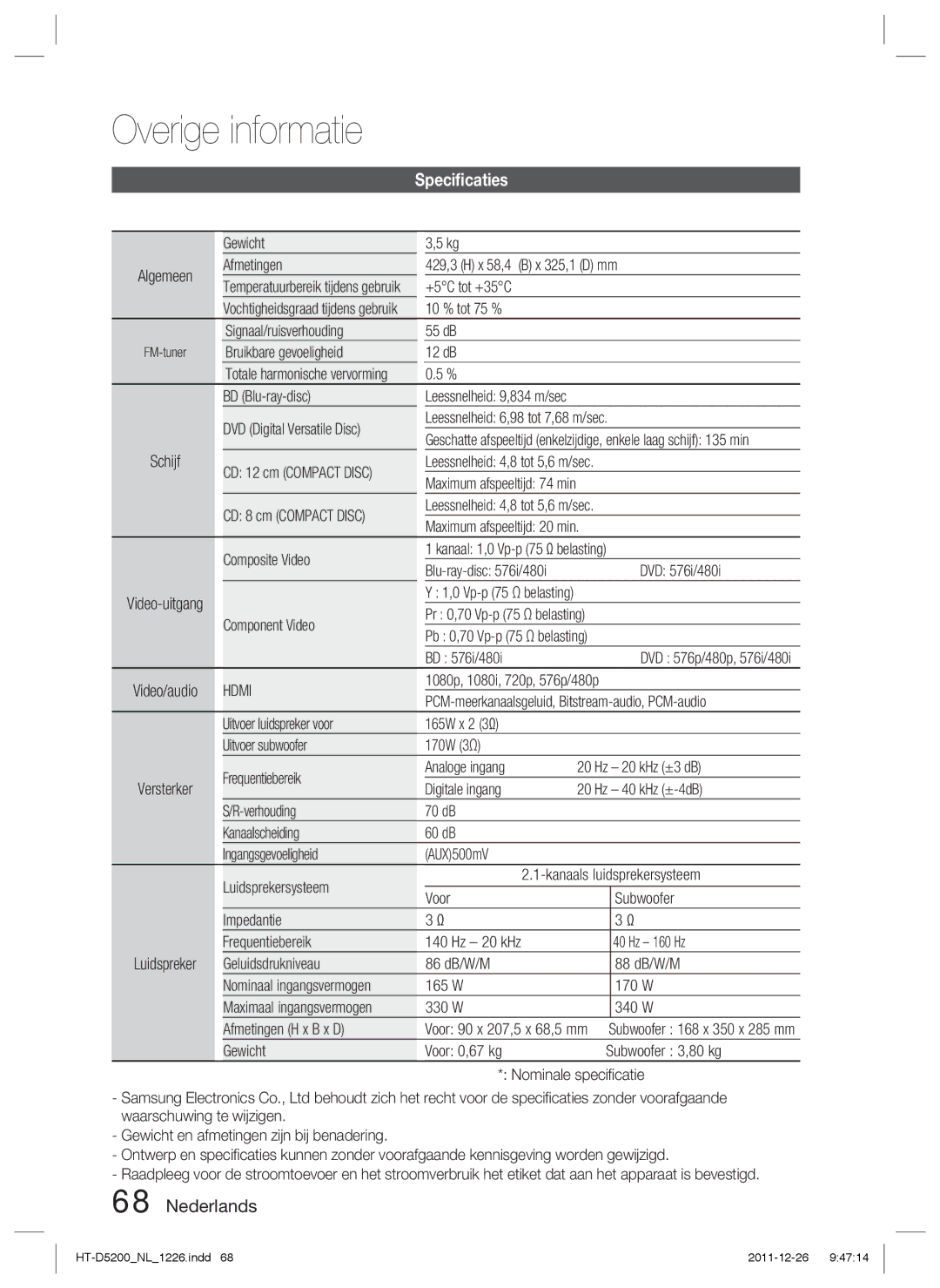 Samsung HT-D5200/XN, HT-D5200/EN, HT-D5200/ZF manual Speciﬁcaties, Hdmi 