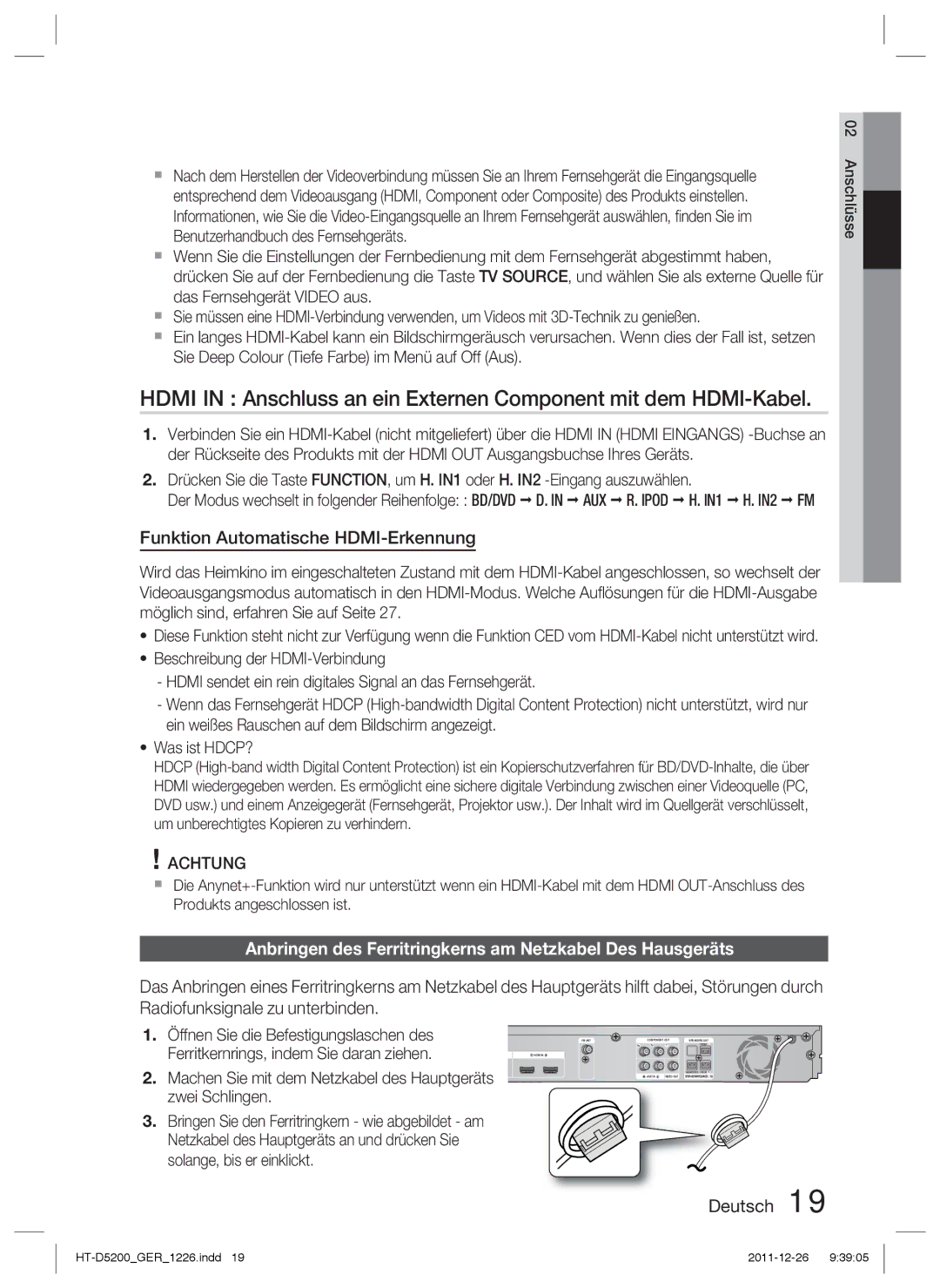 Samsung HT-D5200/XN manual Funktion Automatische HDMI-Erkennung, Anbringen des Ferritringkerns am Netzkabel Des Hausgeräts 