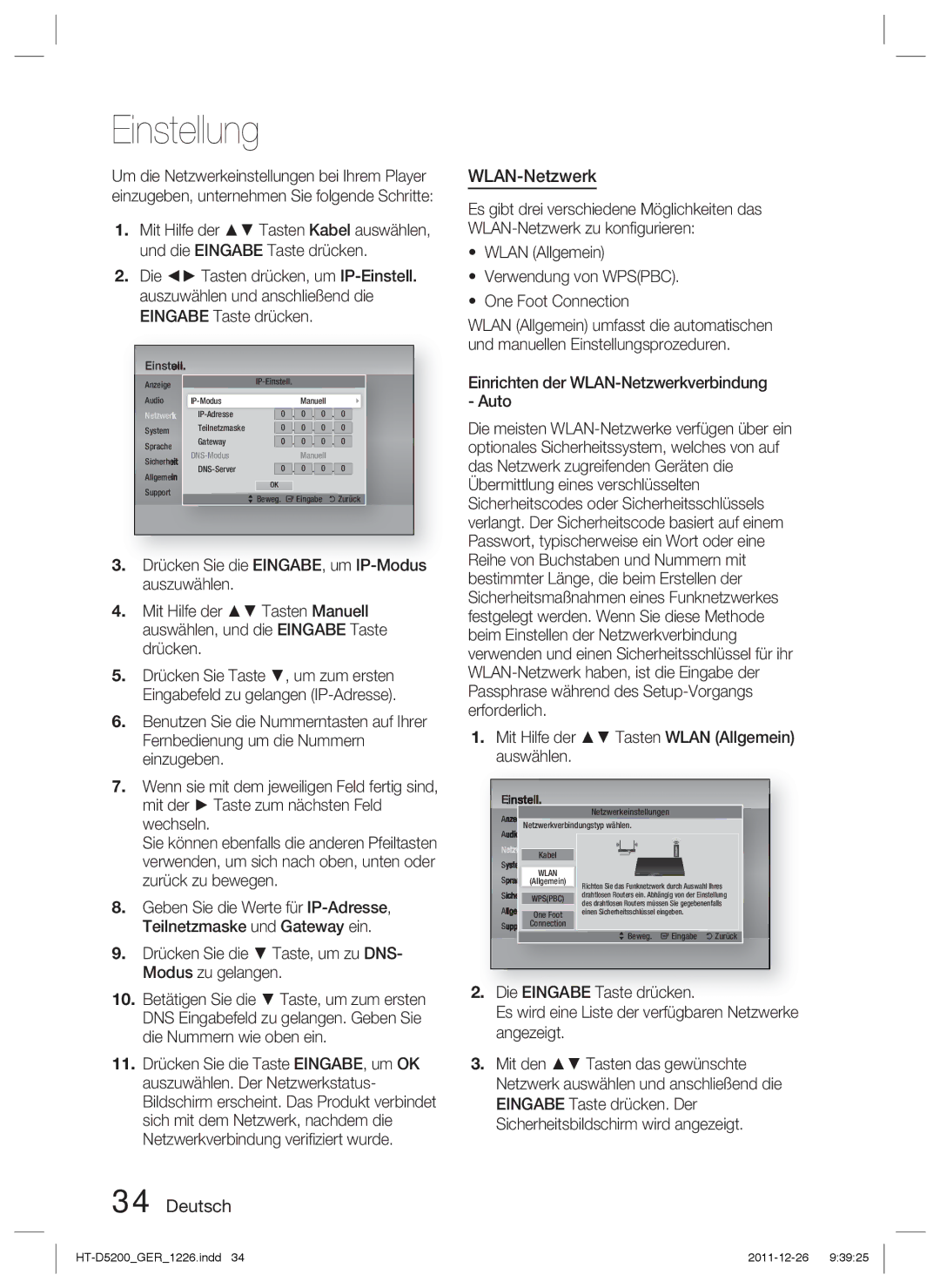 Samsung HT-D5200/XN, HT-D5200/EN, HT-D5200/ZF manual Deutsch WLAN-Netzwerk 