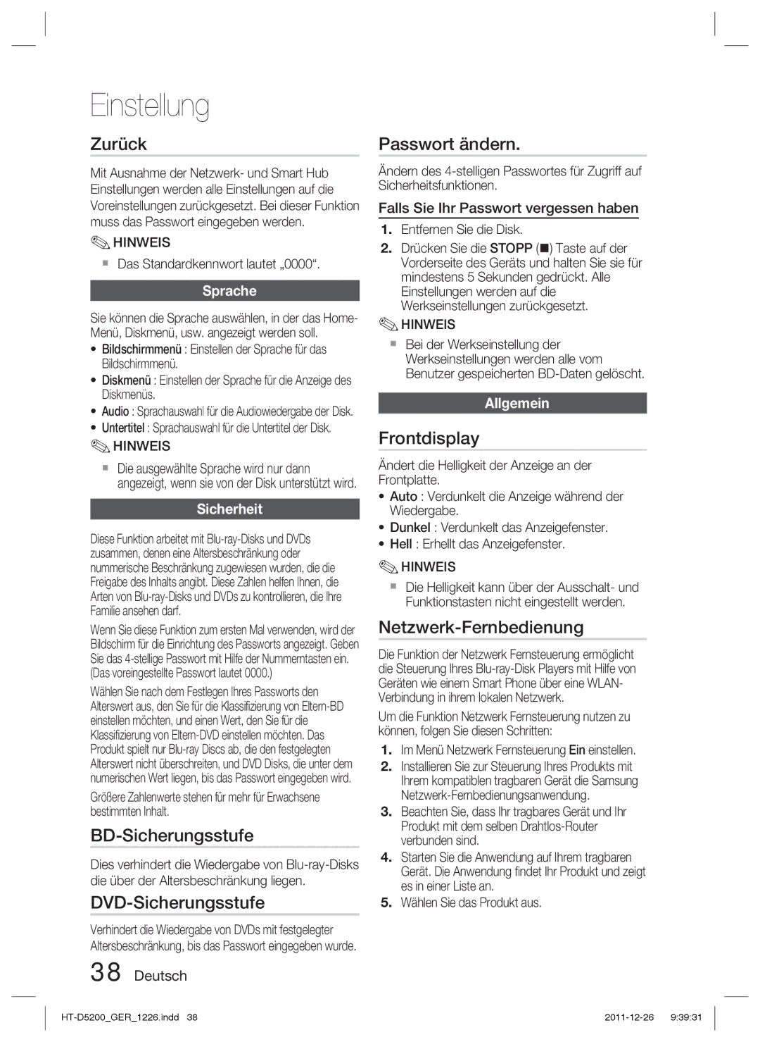 Samsung HT-D5200/EN Zurück, BD-Sicherungsstufe, DVD-Sicherungsstufe, Passwort ändern, Frontdisplay, Netzwerk-Fernbedienung 