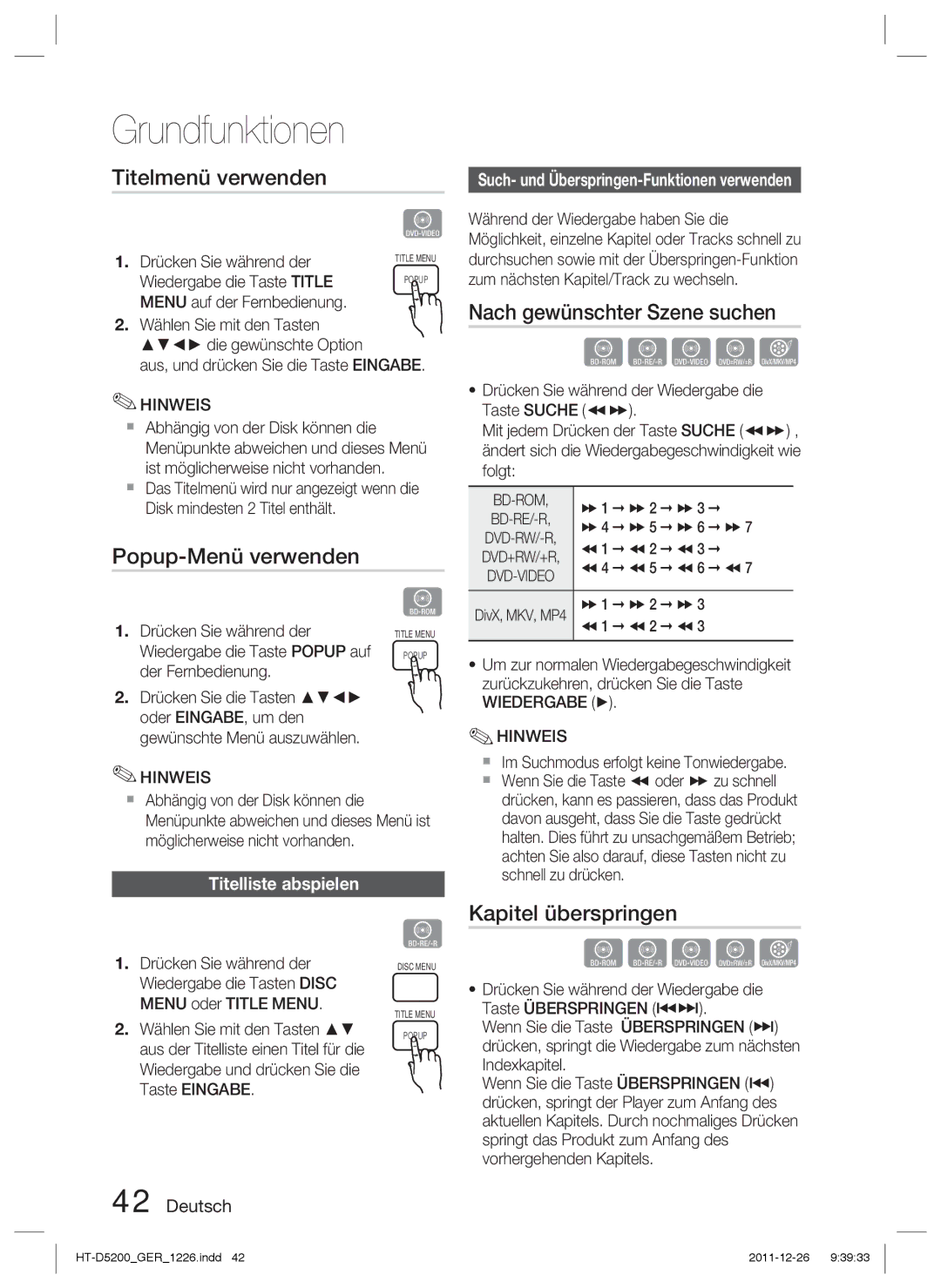 Samsung HT-D5200/ZF manual Titelmenü verwenden, Popup-Menü verwenden, Nach gewünschter Szene suchen, Kapitel überspringen 