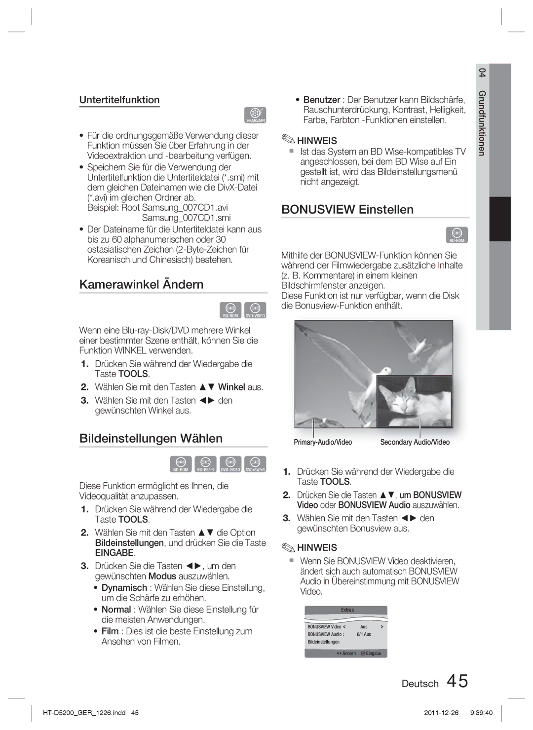 Samsung HT-D5200/ZF, HT-D5200/XN Kamerawinkel Ändern, Bildeinstellungen Wählen, Bonusview Einstellen, Untertitelfunktion 