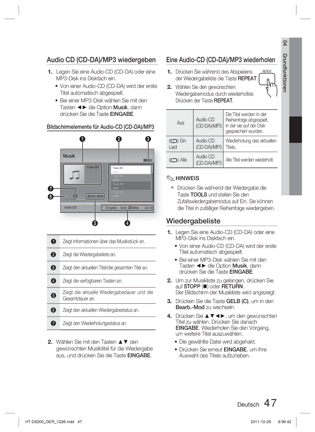 Samsung HT-D5200/EN, HT-D5200/XN, HT-D5200/ZF manual Wiedergabeliste, Eine Audio-CD CD-DA/MP3 wiederholen 