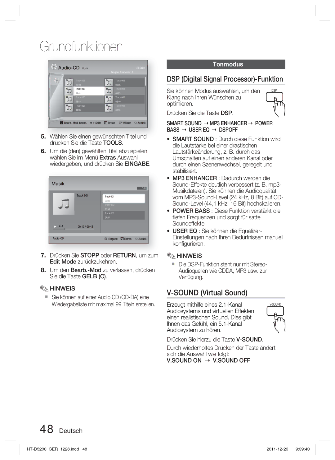 Samsung HT-D5200/ZF, HT-D5200/XN manual DSP Digital Signal Processor-Funktion, Sound Virtual Sound, Tonmodus, Audio-CD Musik 