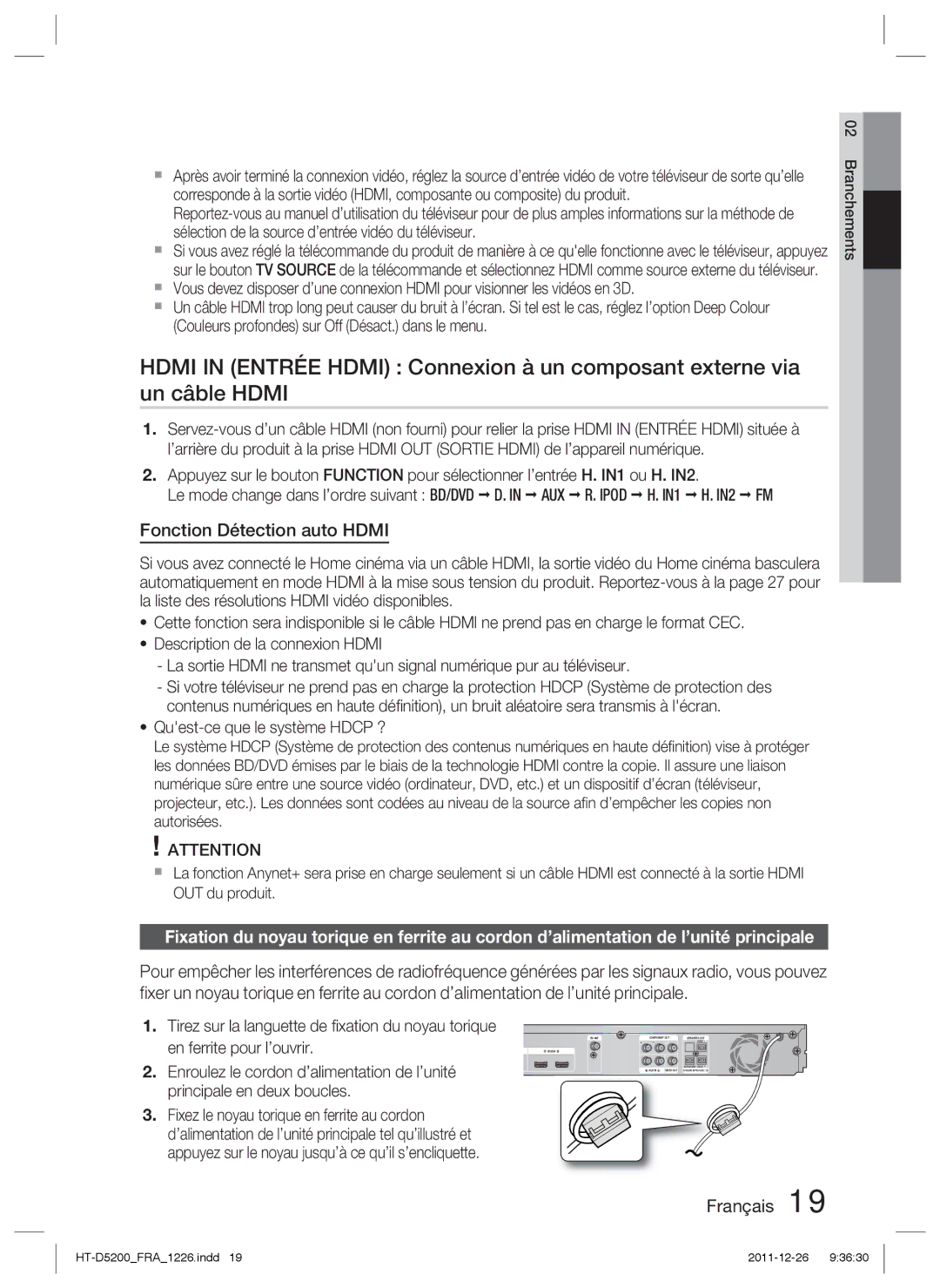 Samsung HT-D5200/EN, HT-D5200/XN, HT-D5200/ZF manual Fonction Détection auto Hdmi 