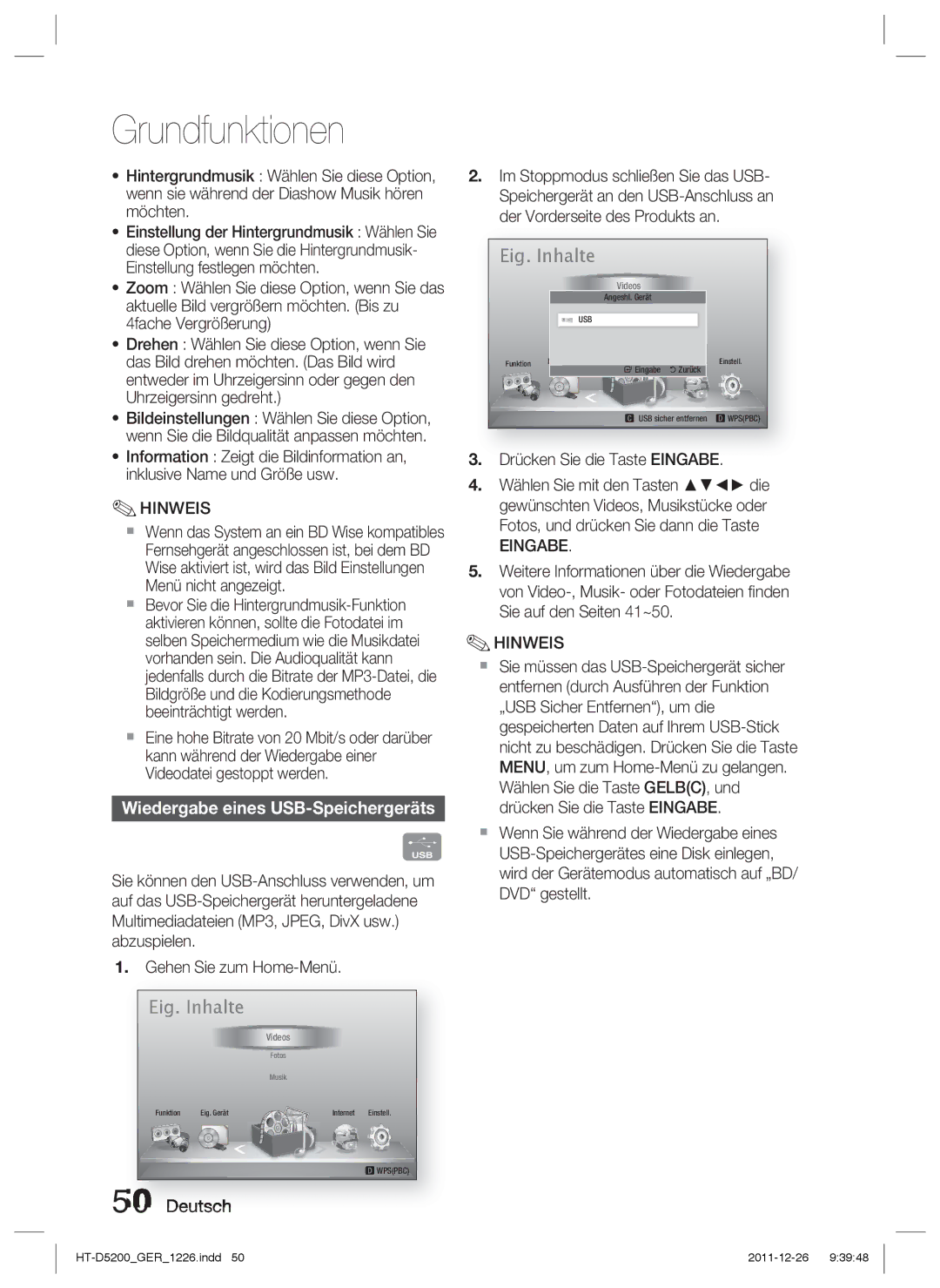 Samsung HT-D5200/EN, HT-D5200/XN, HT-D5200/ZF manual Wiedergabe eines USB-Speichergeräts, Videos 