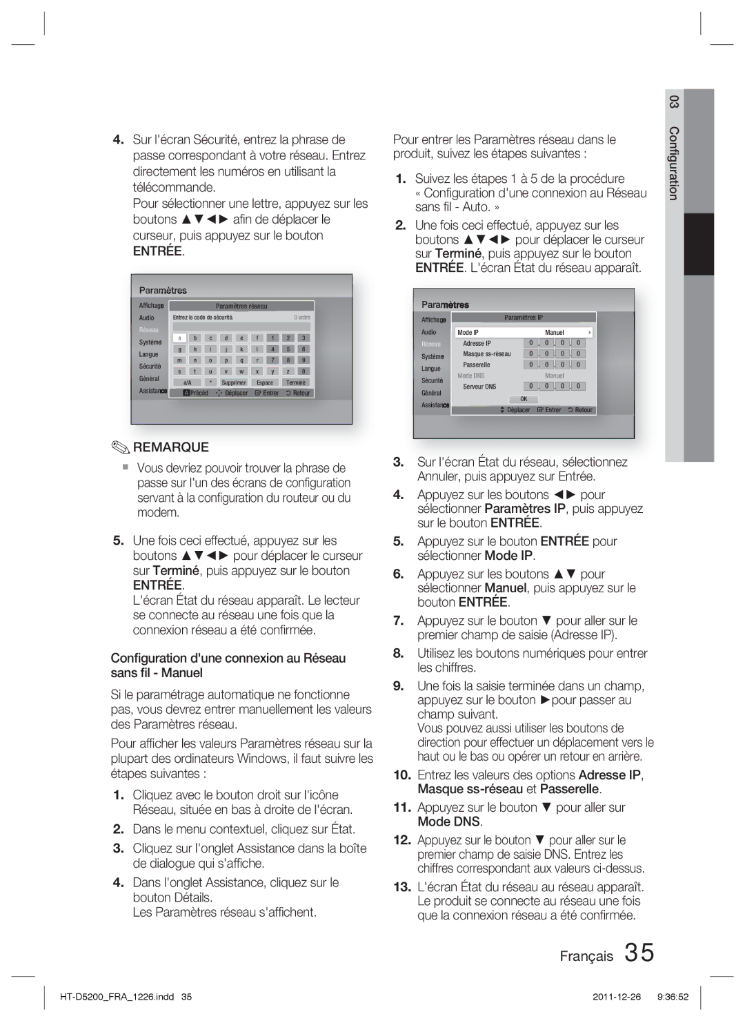 Samsung HT-D5200/ZF, HT-D5200/XN, HT-D5200/EN manual « Conﬁguration dune connexion au Réseau 