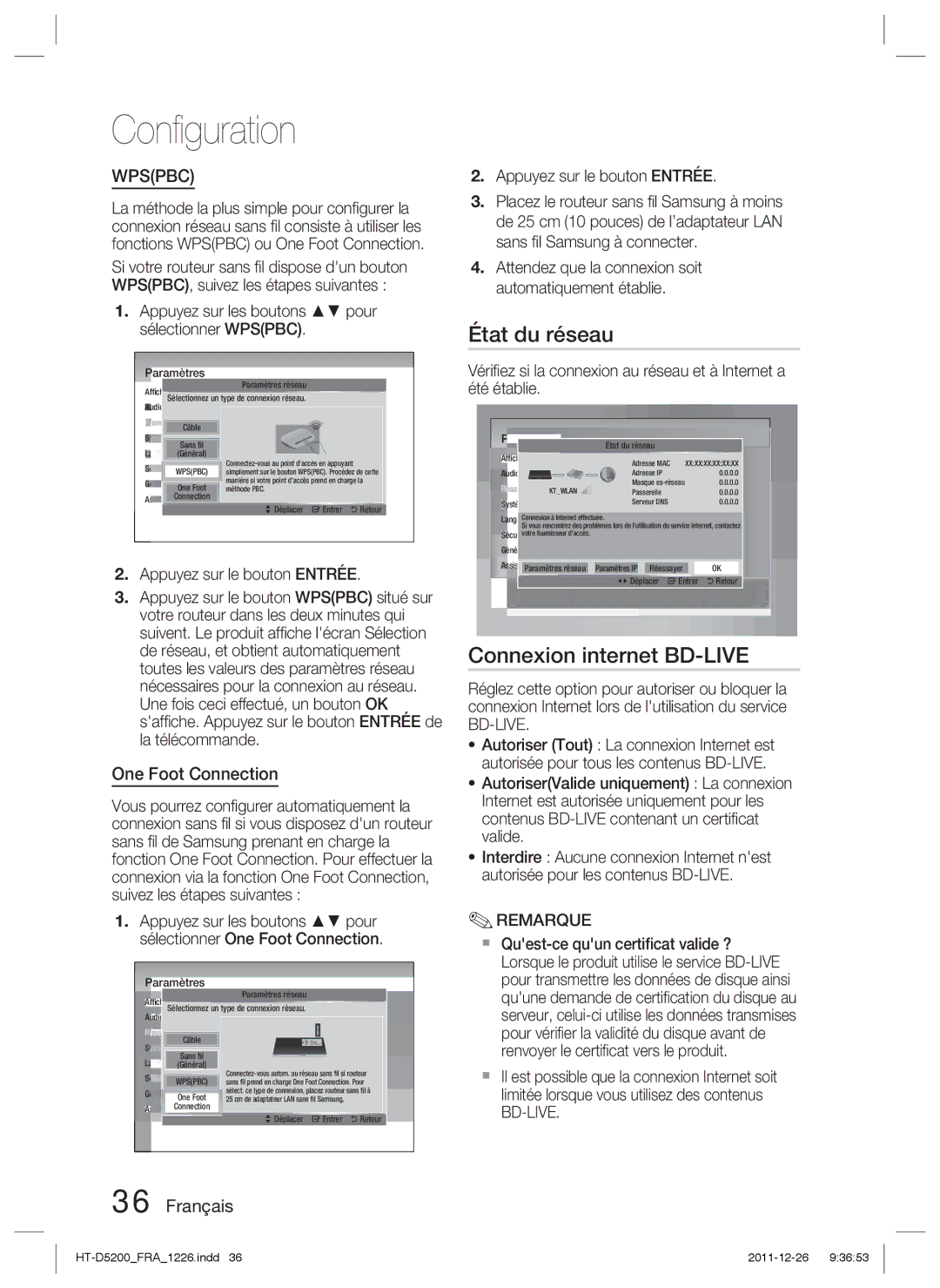 Samsung HT-D5200/XN, HT-D5200/EN, HT-D5200/ZF manual État du réseau, Connexion internet BD-LIVE, One Foot Connection 