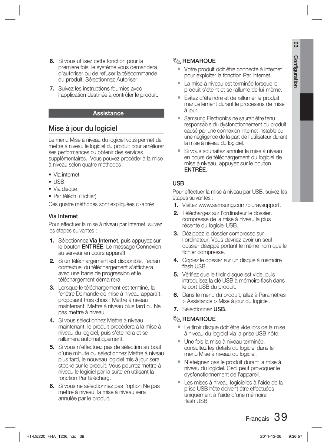 Samsung HT-D5200/XN manual Mise à jour du logiciel, Assistance, Via Internet, Niveau selon quatre méthodes Via internet 