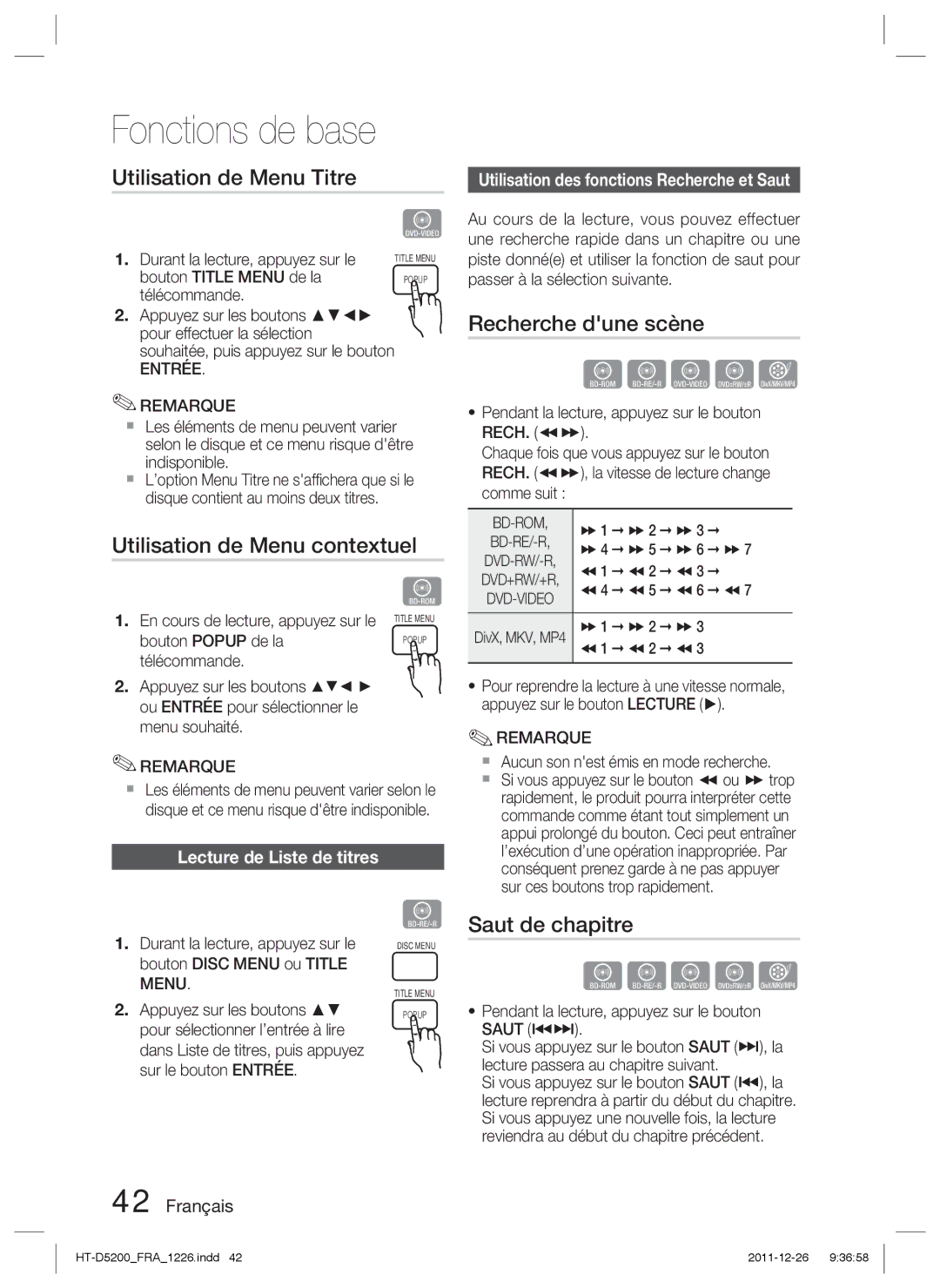 Samsung HT-D5200/XN Utilisation de Menu Titre, Utilisation de Menu contextuel, Recherche dune scène, Saut de chapitre 