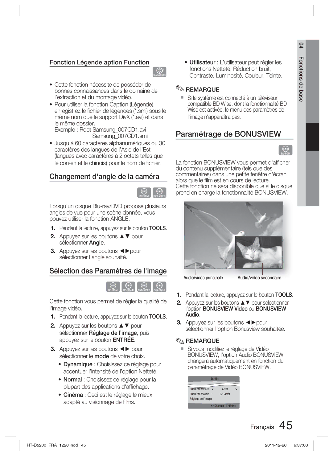 Samsung HT-D5200/XN manual Changement dangle de la caméra, Sélection des Paramètres de limage, Paramétrage de Bonusview 