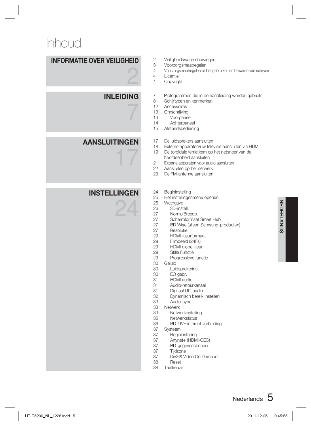 Samsung HT-D5200/XN, HT-D5200/EN, HT-D5200/ZF manual Inhoud 