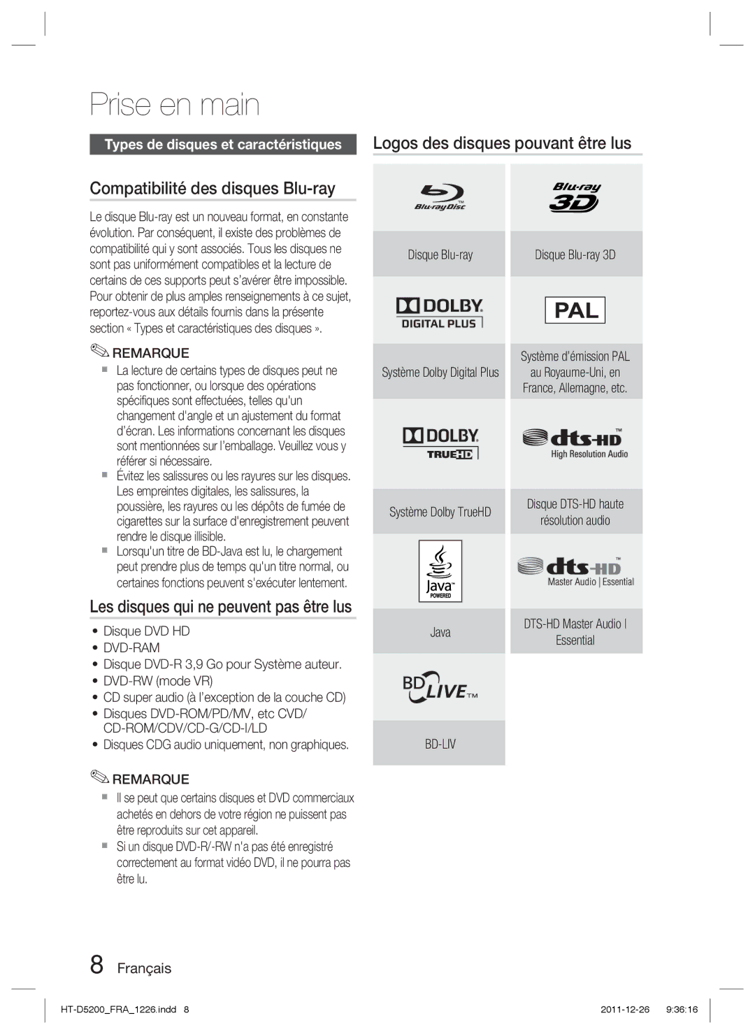 Samsung HT-D5200/ZF manual Compatibilité des disques Blu-ray, Les disques qui ne peuvent pas être lus, Dvd-Ram, Bd-Liv 