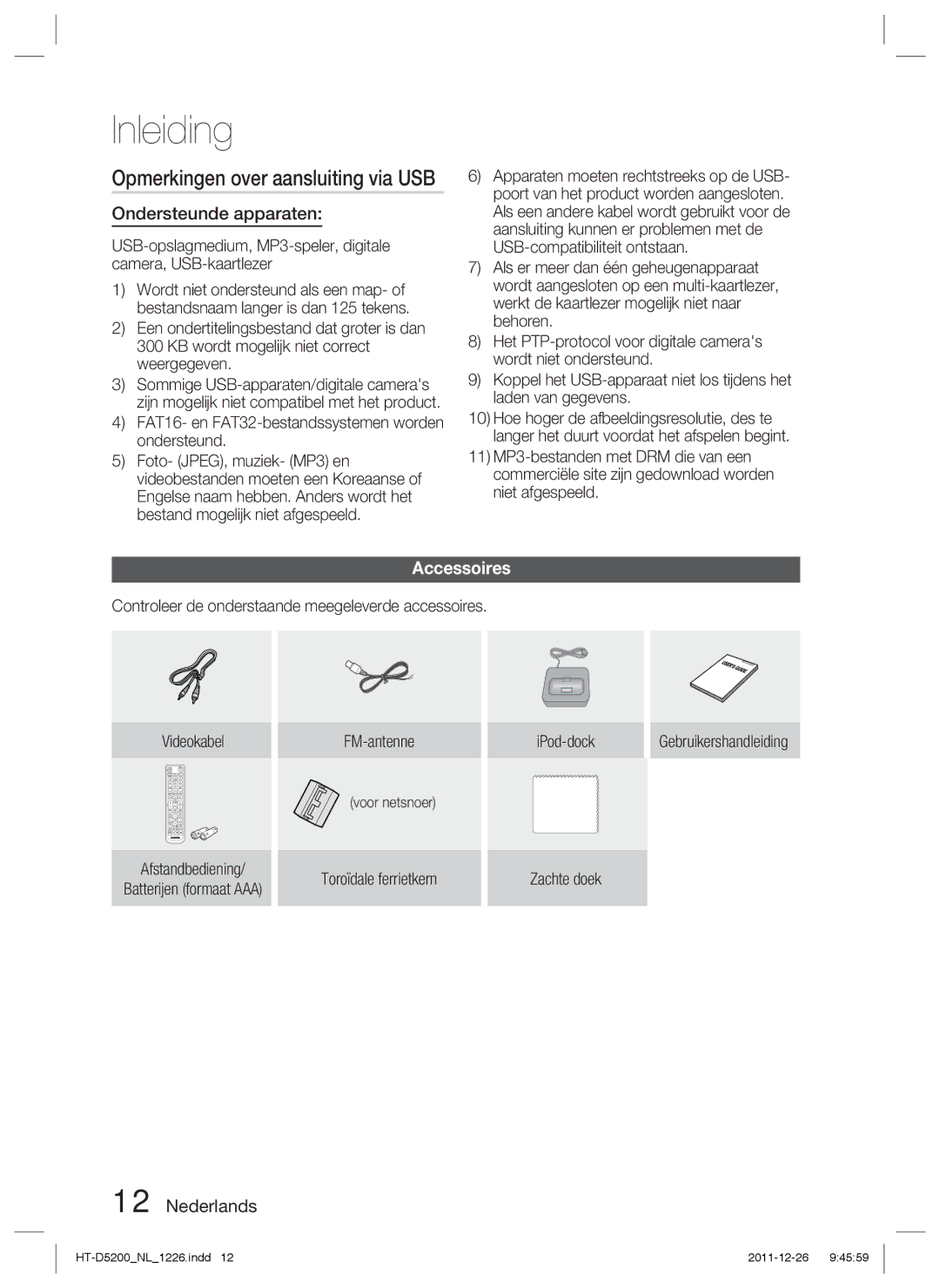 Samsung HT-D5200/EN, HT-D5200/XN manual Opmerkingen over aansluiting via USB, Ondersteunde apparaten, Toroïdale ferrietkern 