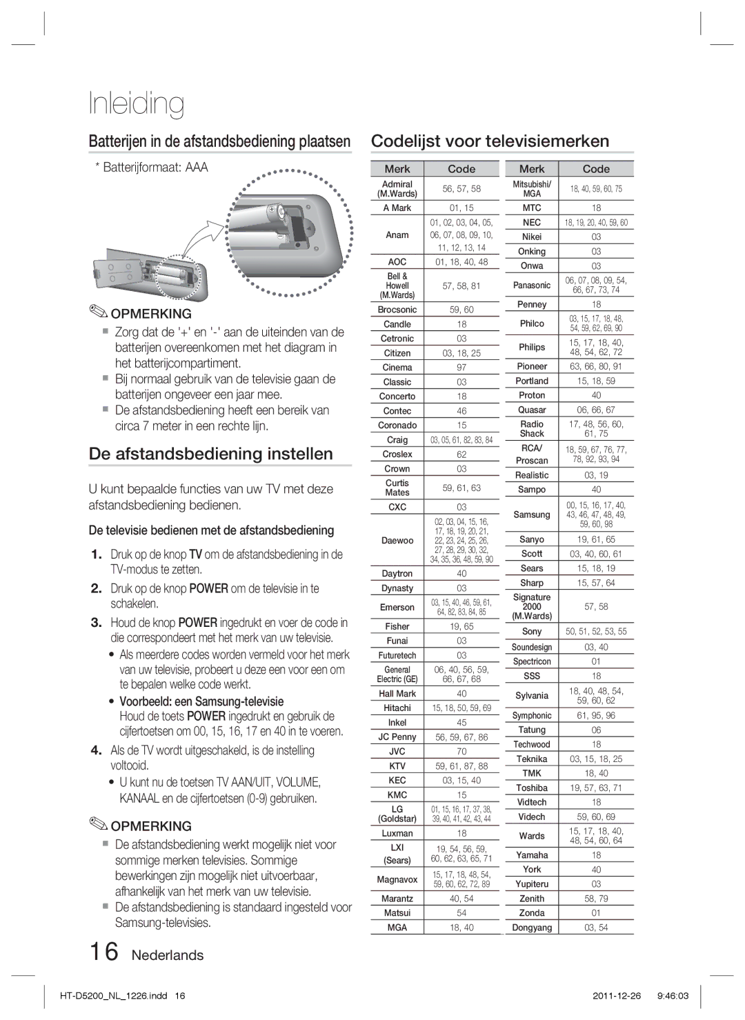 Samsung HT-D5200/ZF, HT-D5200/XN, HT-D5200/EN manual Codelijst voor televisiemerken, De afstandsbediening instellen 