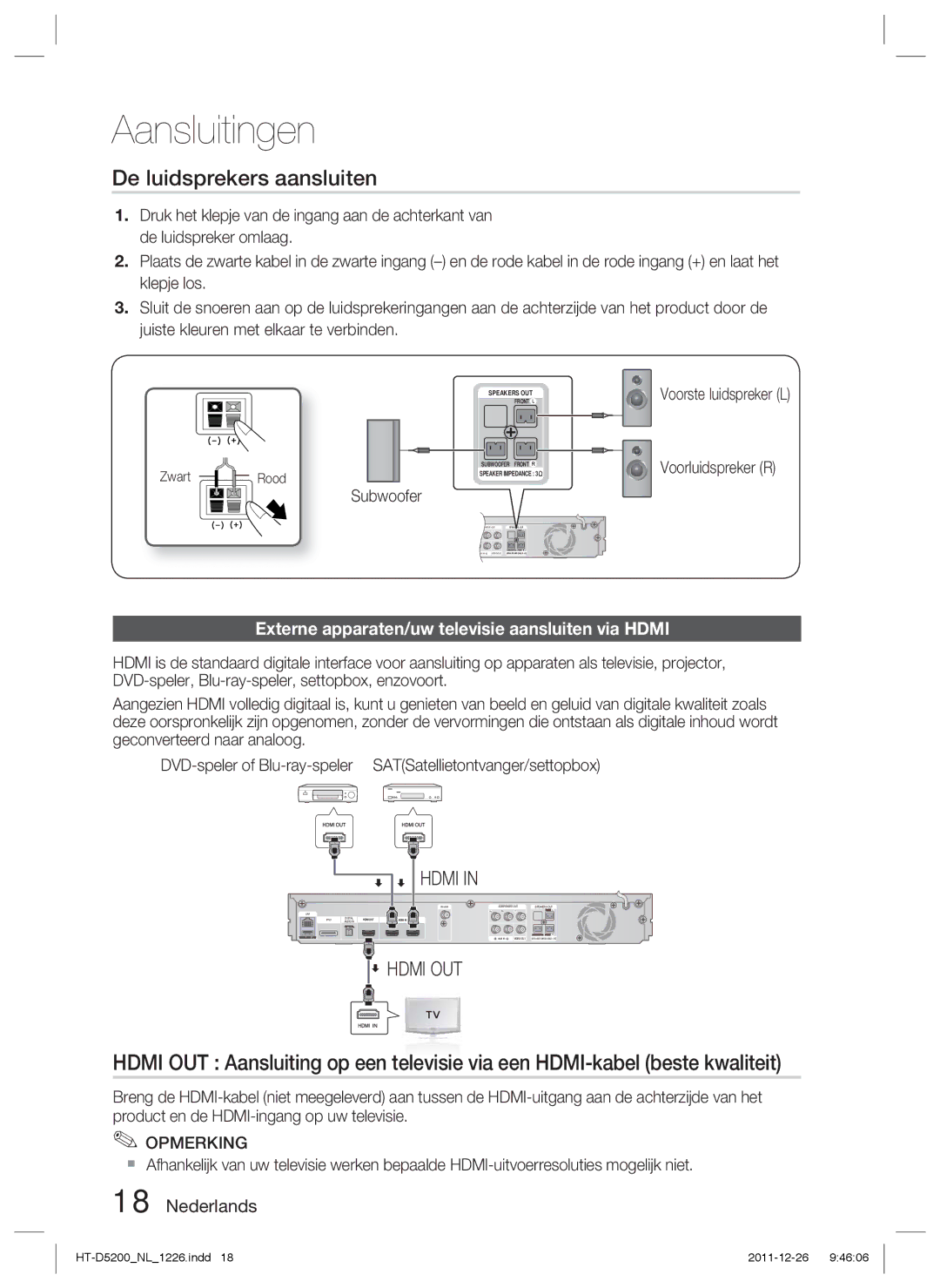 Samsung HT-D5200/EN De luidsprekers aansluiten, Externe apparaten/uw televisie aansluiten via Hdmi, Subwoofer, Zwart Rood 