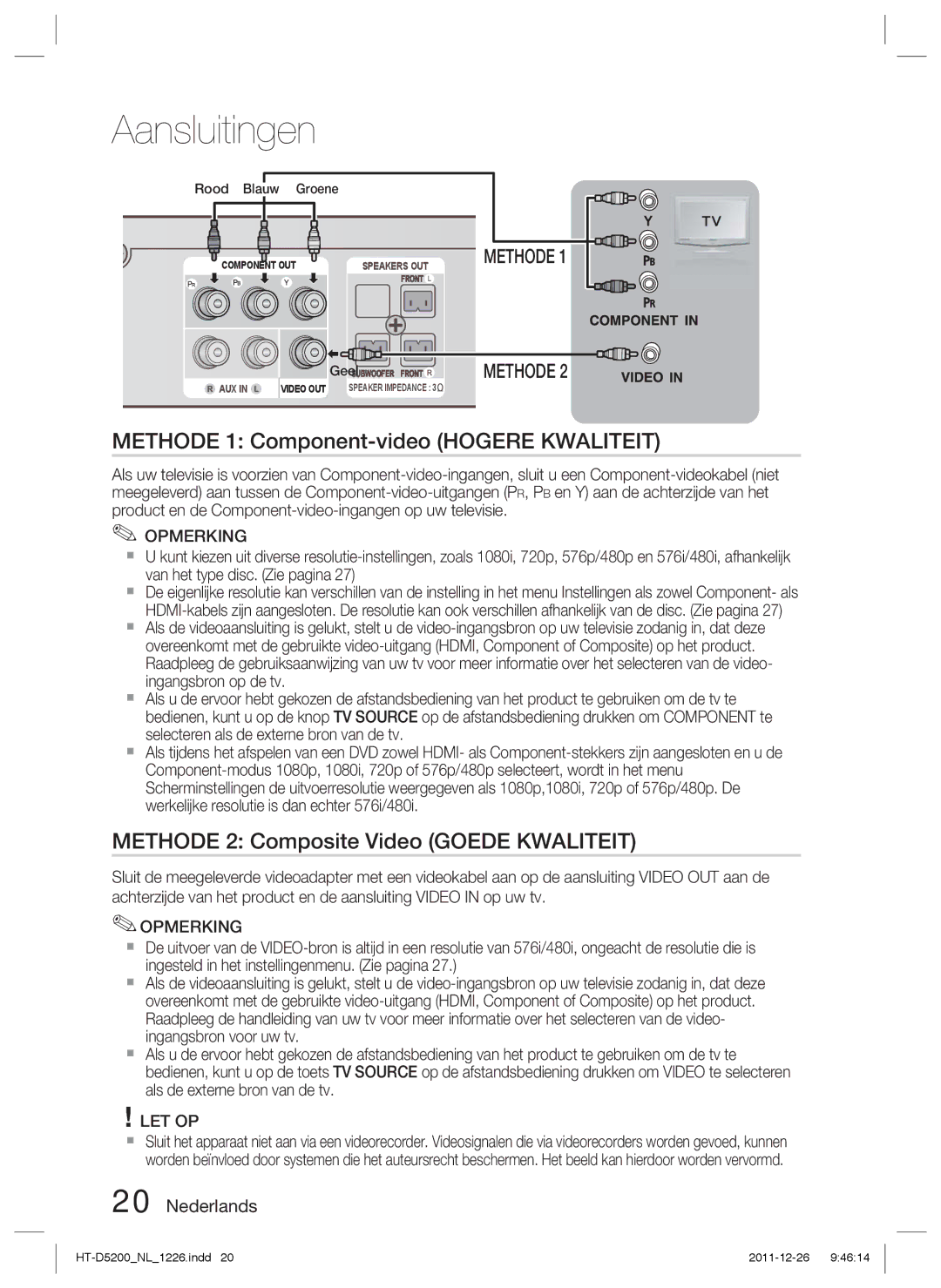 Samsung HT-D5200/XN, HT-D5200/EN Methode 1 Component-video Hogere Kwaliteit, Methode 2 Composite Video Goede Kwaliteit 