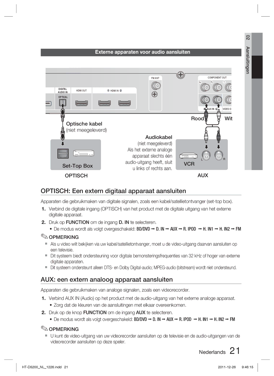 Samsung HT-D5200/EN manual Optisch Een extern digitaal apparaat aansluiten, AUX een extern analoog apparaat aansluiten 