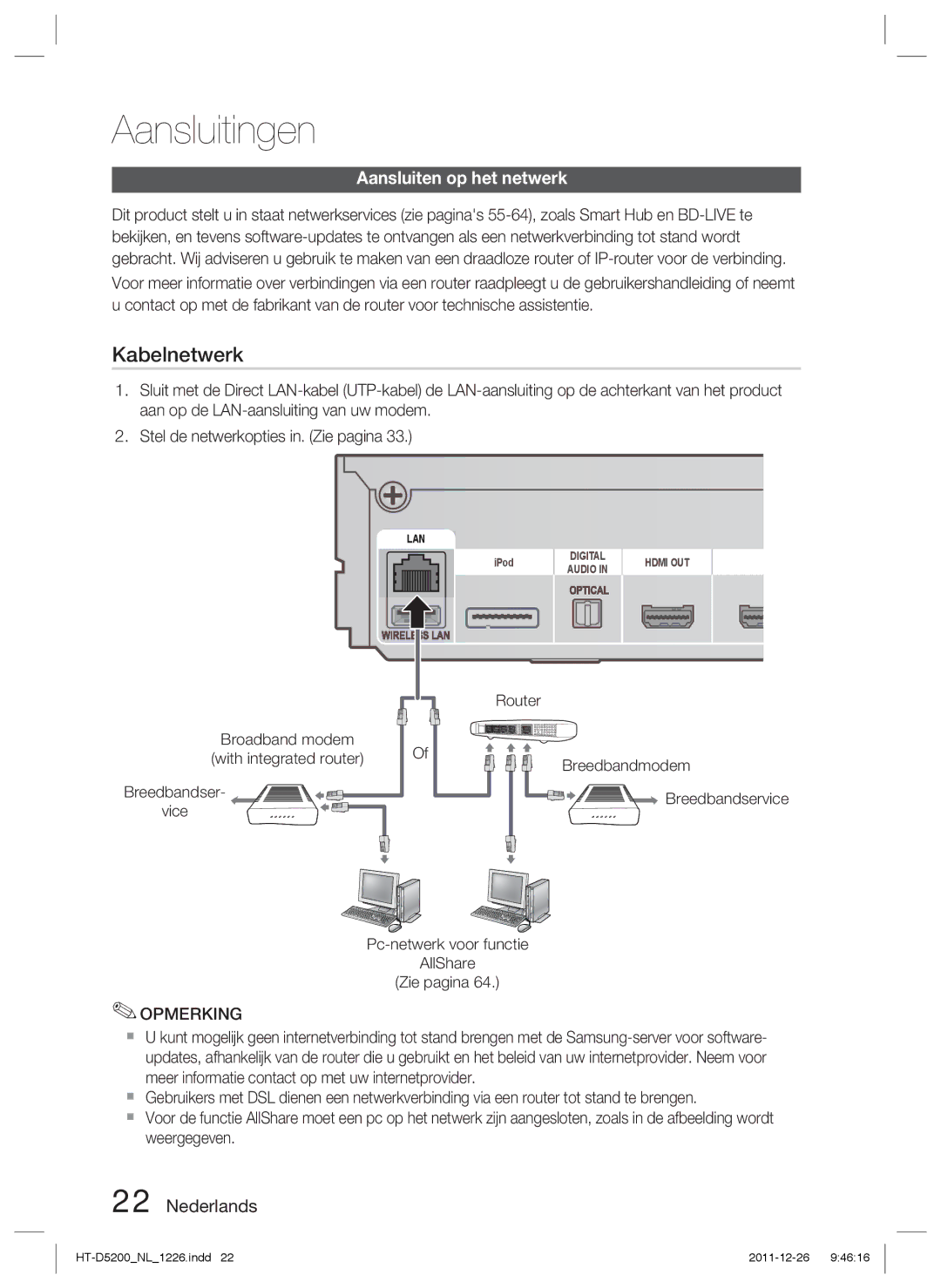 Samsung HT-D5200/ZF, HT-D5200/XN, HT-D5200/EN manual Kabelnetwerk, Aansluiten op het netwerk 