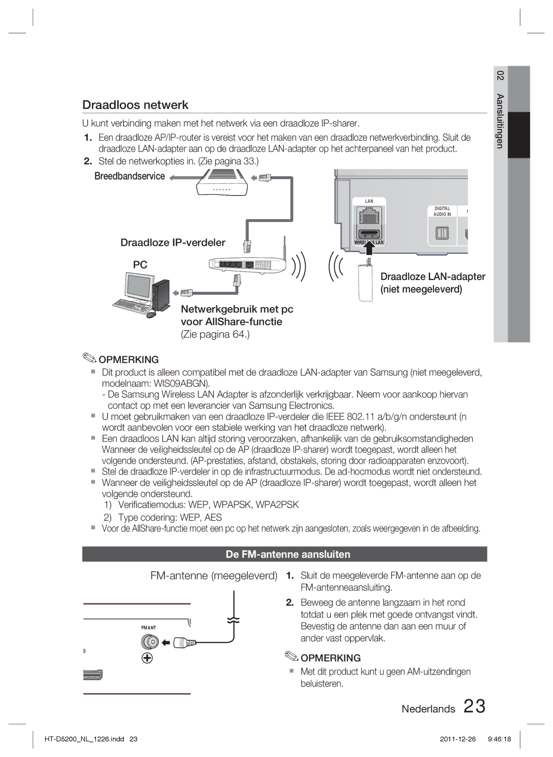 Samsung HT-D5200/XN, HT-D5200/EN, HT-D5200/ZF manual FM-antenne meegeleverd, De FM-antenne aansluiten 