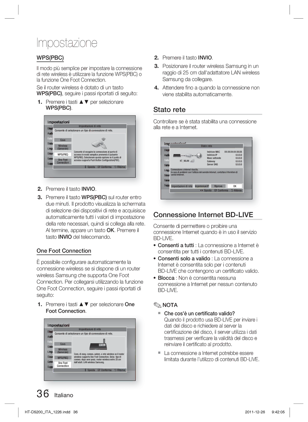 Samsung HT-D5200/ZF manual Stato rete, Connessione Internet BD-LIVE 