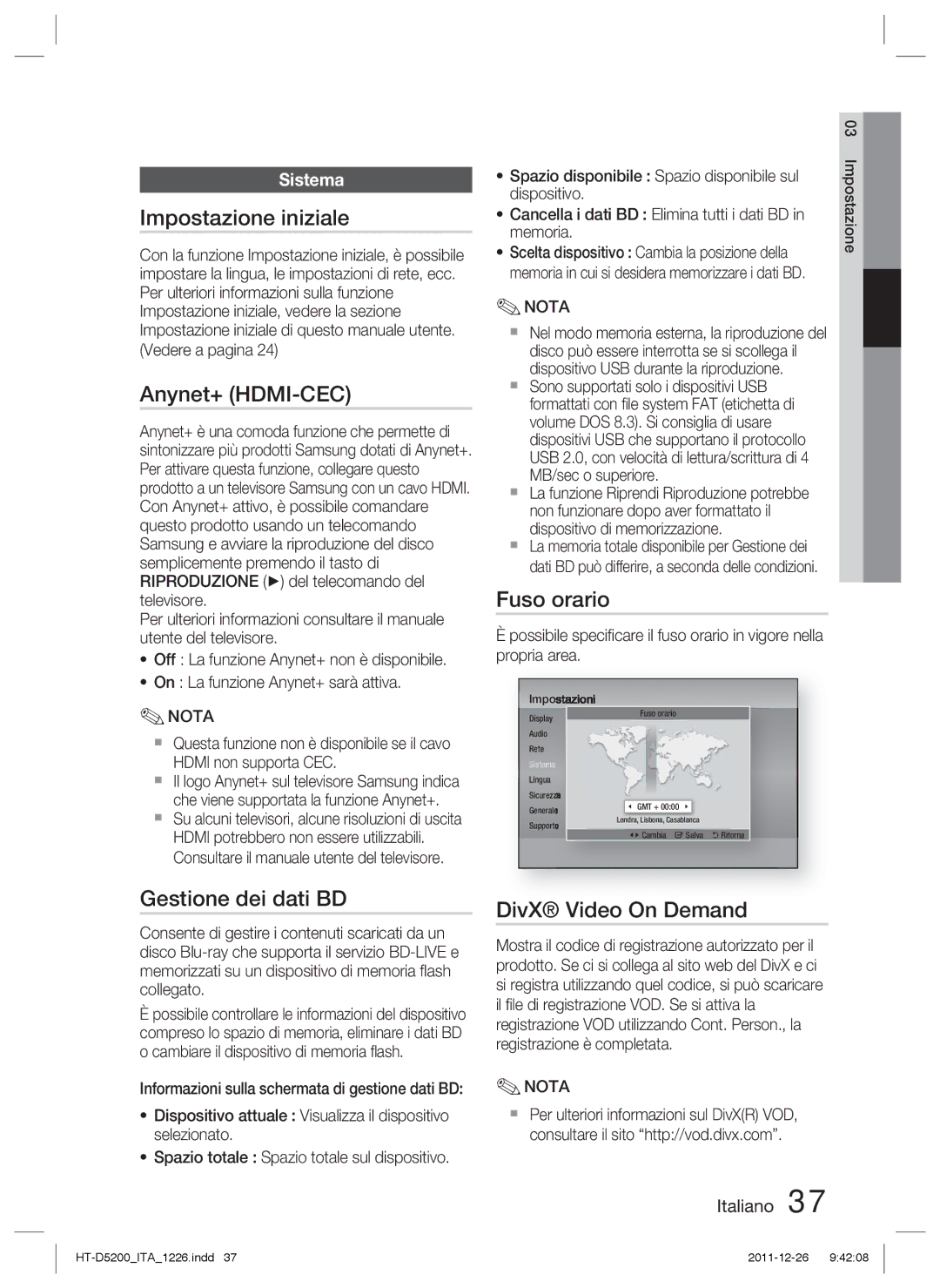 Samsung HT-D5200/ZF manual Impostazione iniziale, Gestione dei dati BD, Fuso orario, DivX Video On Demand, Sistema 