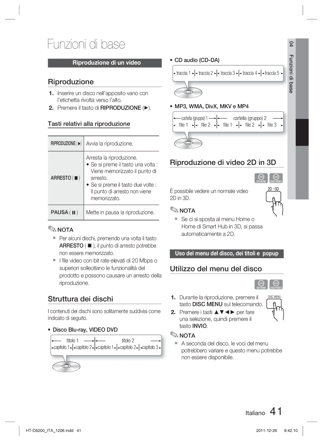 Samsung HT-D5200/ZF manual Funzioni di base, Struttura dei dischi, Riproduzione di video 2D in 3D 