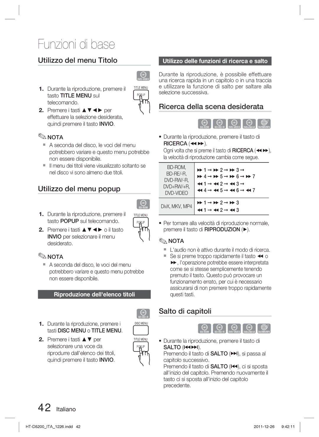 Samsung HT-D5200/ZF Utilizzo del menu Titolo, Ricerca della scena desiderata, Utilizzo del menu popup, Salto di capitoli 