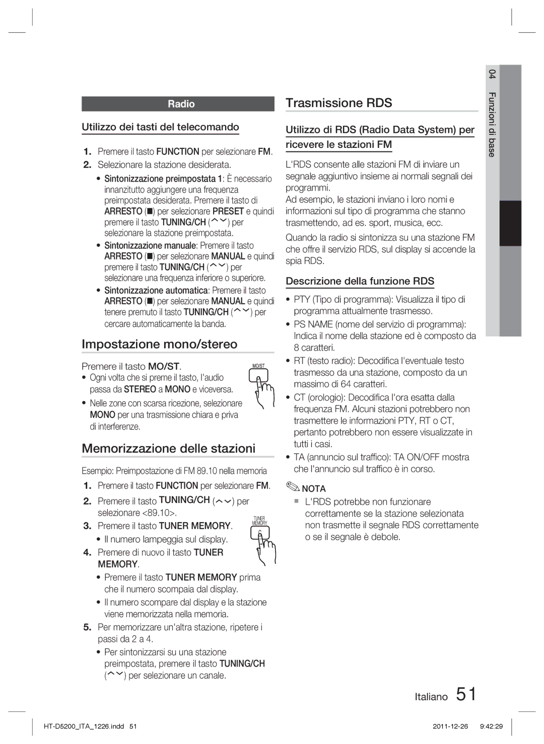 Samsung HT-D5200/ZF manual Impostazione mono/stereo, Memorizzazione delle stazioni, Trasmissione RDS, Radio 