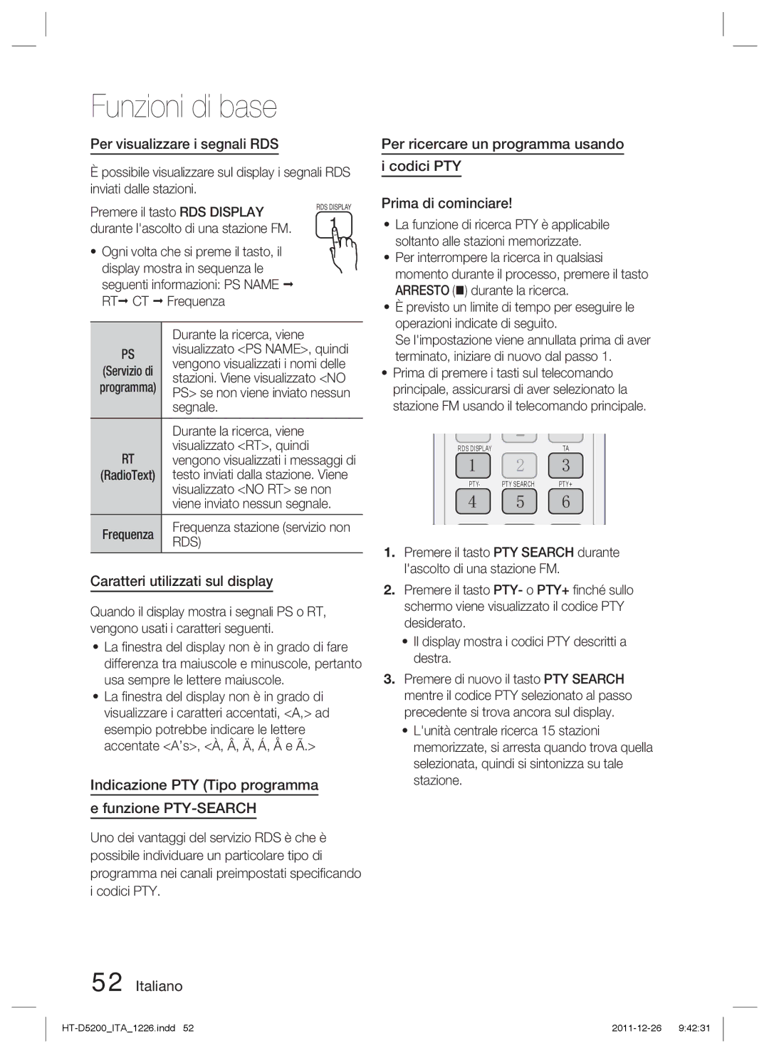 Samsung HT-D5200/ZF manual Per visualizzare i segnali RDS, Caratteri utilizzati sul display, Rt Ct, Rds 