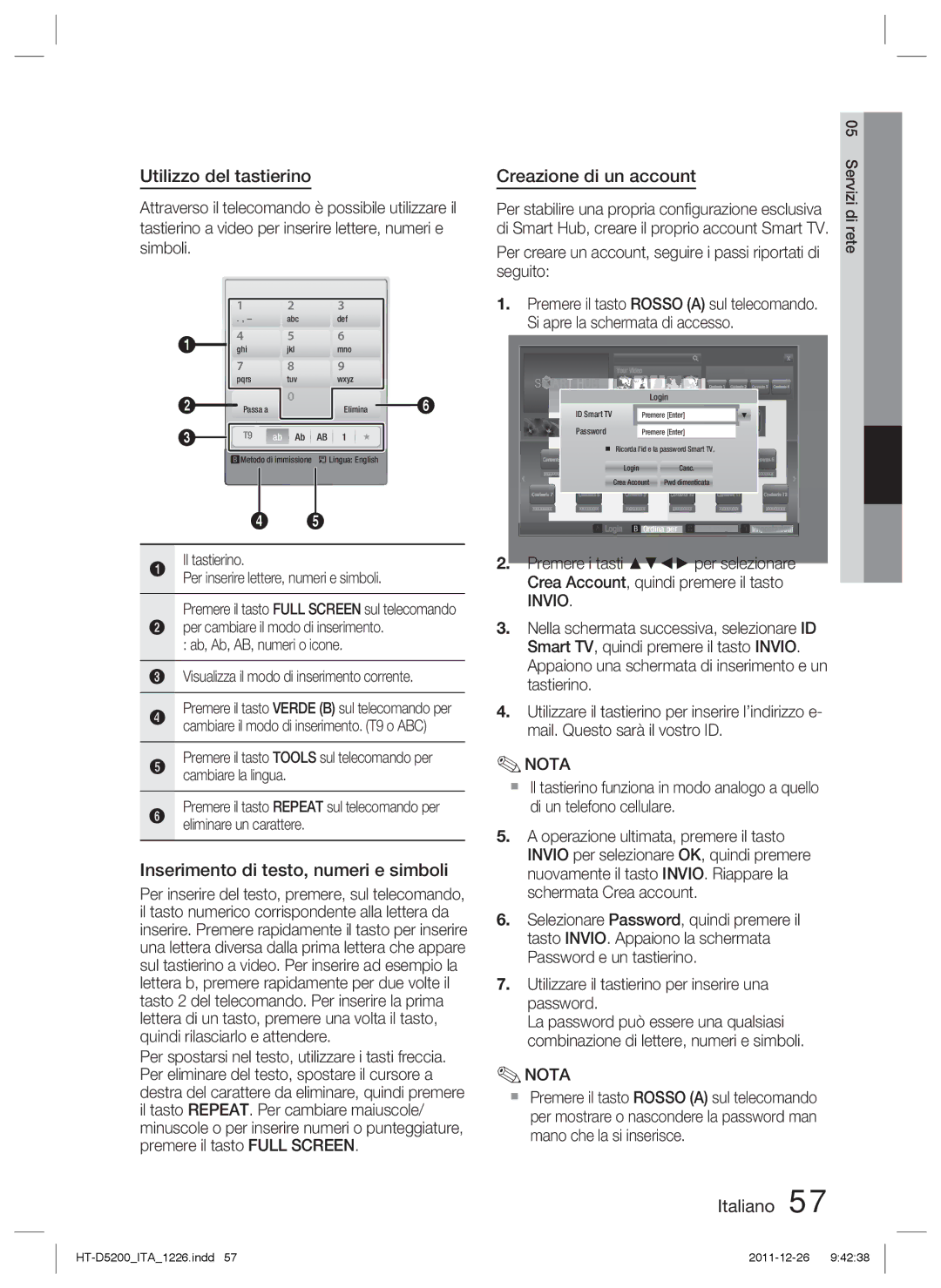 Samsung HT-D5200/ZF manual Utilizzo del tastierino, Inserimento di testo, numeri e simboli, Creazione di un account 