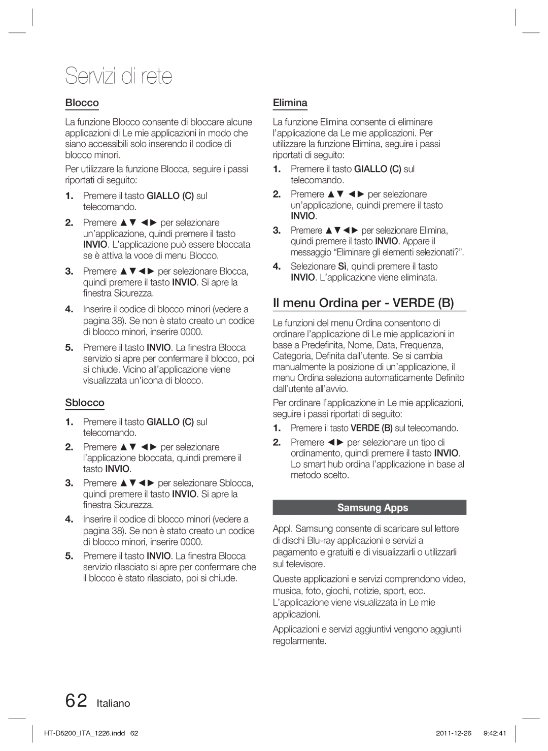 Samsung HT-D5200/ZF manual Il menu Ordina per Verde B, Blocco, Sblocco, Elimina, Samsung Apps 