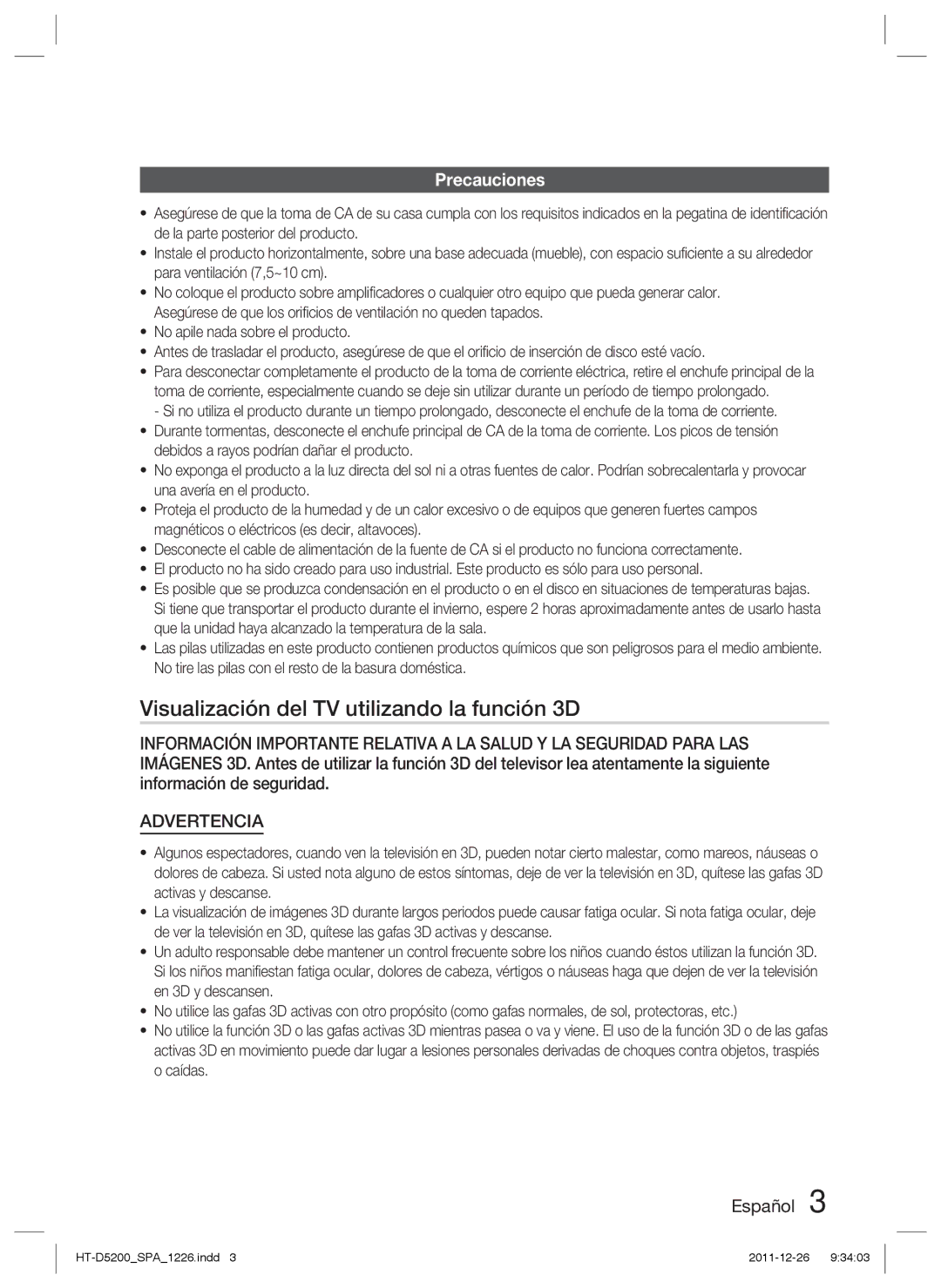 Samsung HT-D5200/ZF manual Visualización del TV utilizando la función 3D, Precauciones 