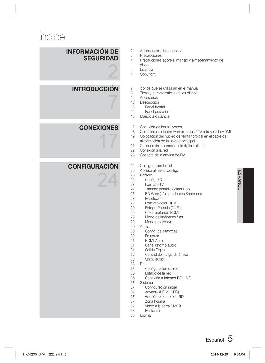 Samsung HT-D5200/ZF manual Índice 