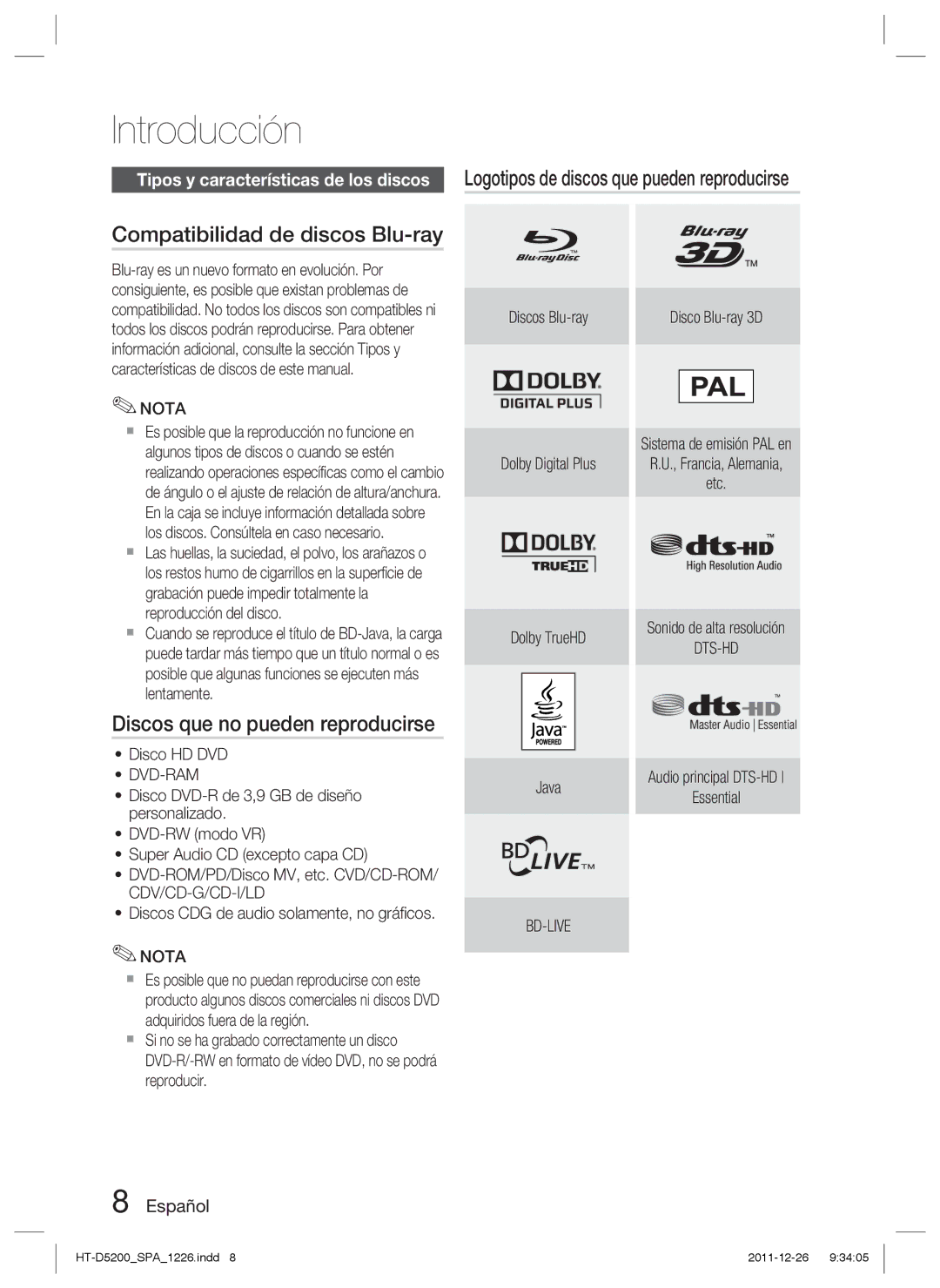 Samsung HT-D5200/ZF manual Compatibilidad de discos Blu-ray, Discos que no pueden reproducirse, Dts-Hd 