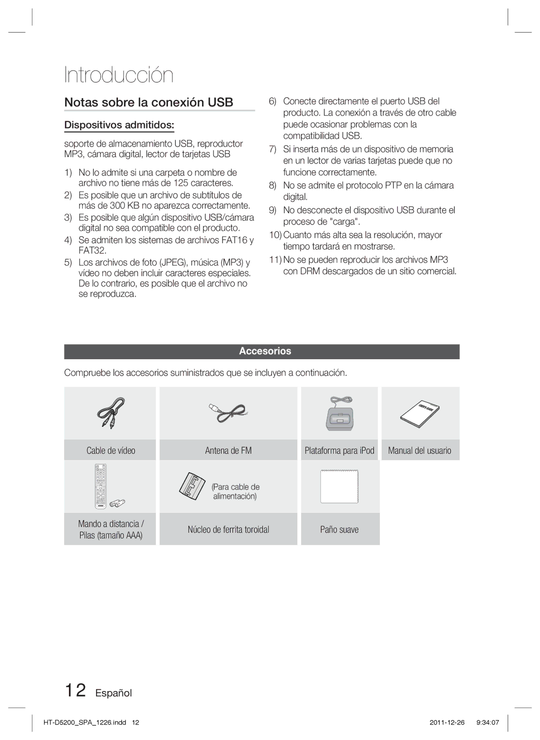 Samsung HT-D5200/ZF manual Notas sobre la conexión USB, Dispositivos admitidos, Accesorios 