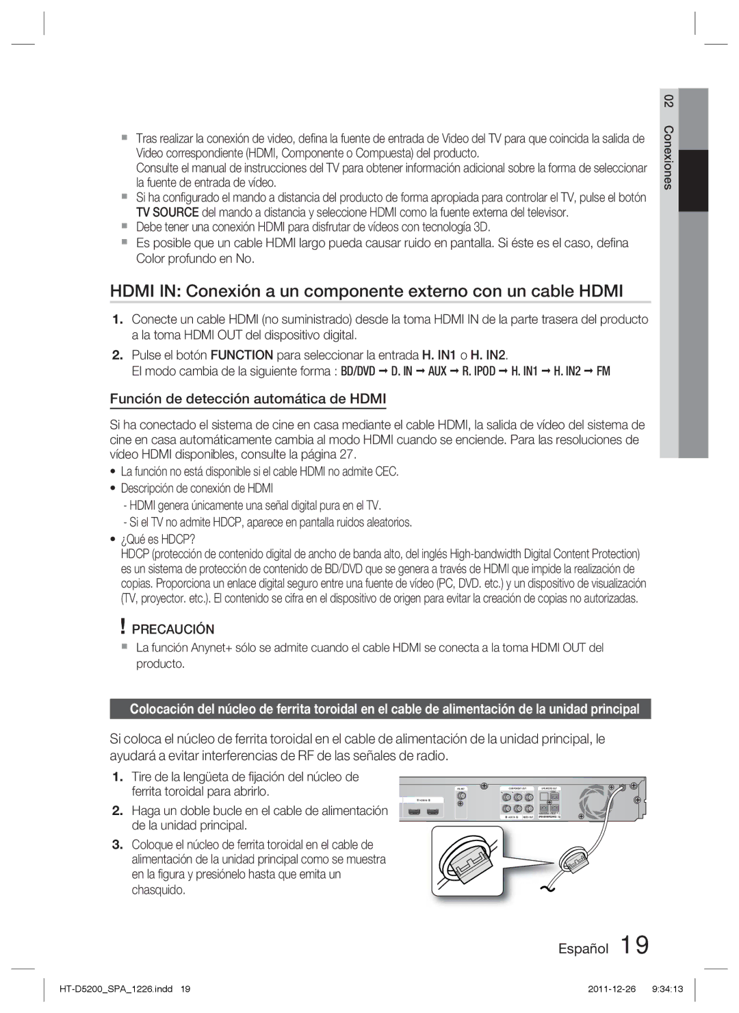 Samsung HT-D5200/ZF Hdmi in Conexión a un componente externo con un cable Hdmi, Función de detección automática de Hdmi 