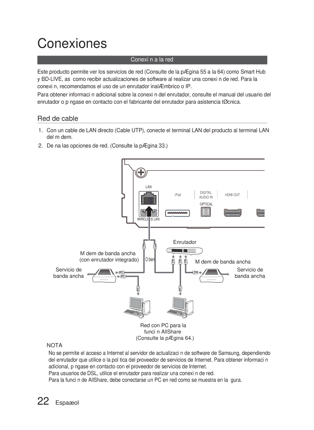 Samsung HT-D5200/ZF manual Red de cable, Conexión a la red 